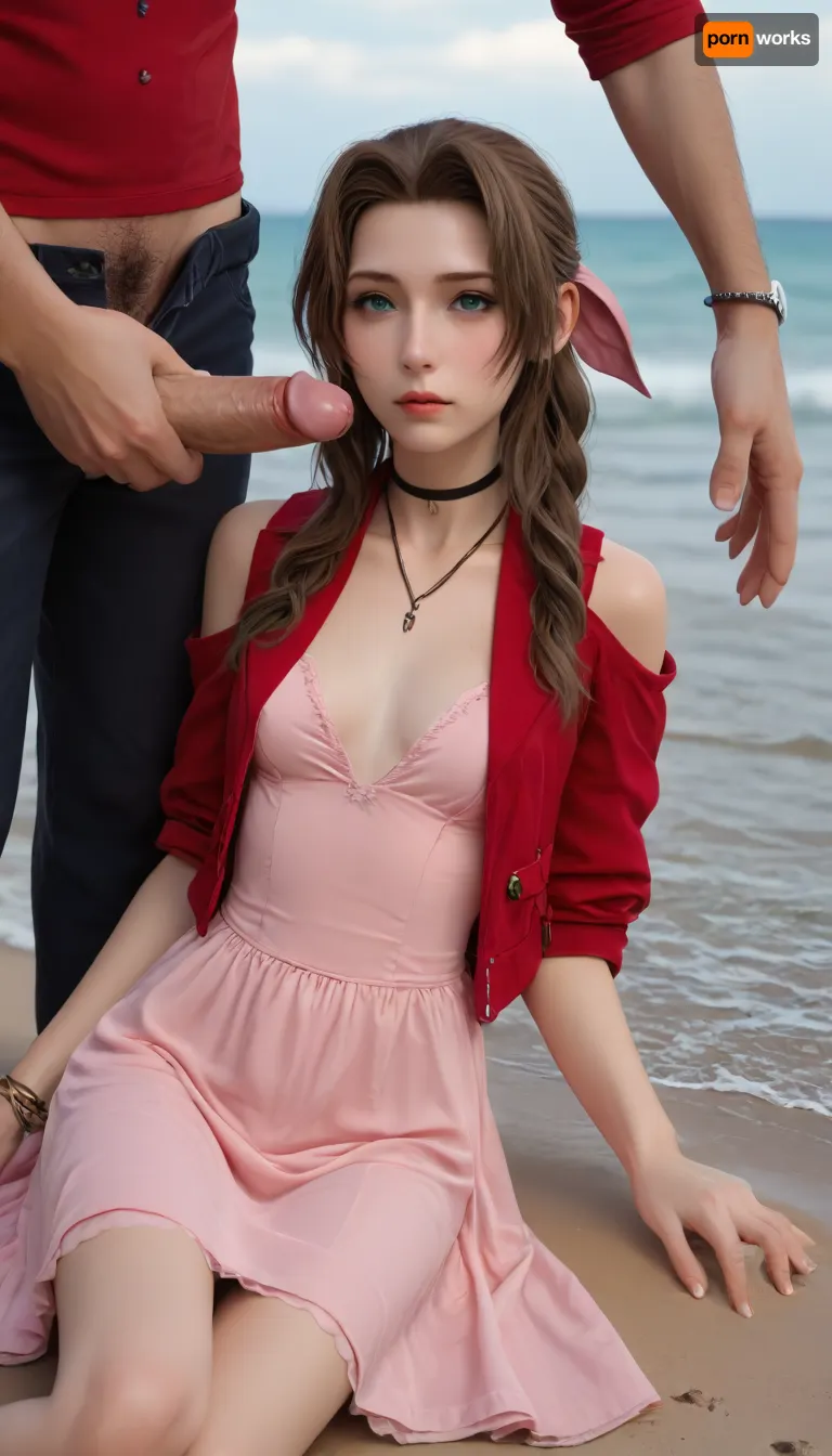 (Masterpice), (HD4K visual), (detailed background), 4K ultra-detailed image, HDR, enhancement, professional photography, precise anatomy, (perfect symmetry, 5 fingers per hand), realistic textures, maximum resolution, sharp focus, NSFW, picture, Aerith Gainsborough from Final Fantasy VII wearing a, ((long pink dress)), orgasm expression, athletic body, black and a short red jacket, hairy pussy, small breasts, perky pointed gumdrop nipples, wet clothes, laying down, legs spread, washed up on shore, wide shot, side view, on a beach, waves in backgrownd, sunny, day time, sun beaming down, incase, style, ratatatat74, defaerith, braided, ponytail, hair, bow, pink, choker, necklace, cropped, jacket, red, short, sleeves, dress, long, altaerith, very, ribbons, drill, star, ballgown, bare, shoulders, strapless, plunging, neckline, big buff men, men standing around Aerith, big brown cocks, handjob, <lora:287175_training_data:1.4>, <lora:ratatatat74-000050:1.4>, <lora:aerith-xl-nvwls-v1:1.4>, <lora:add-detail-xl:2>