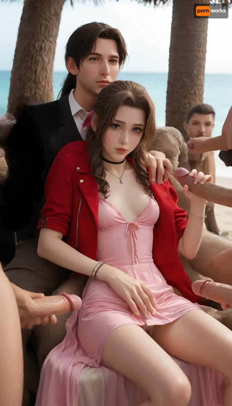 (Masterpice), (HD4K visual), (detailed background), 4K ultra-detailed image, HDR, enhancement, professional photography, precise anatomy, (perfect symmetry, 5 fingers per hand), realistic textures, maximum resolution, sharp focus, NSFW, picture, Aerith Gainsborough from Final Fantasy VII wearing a, ((long pink dress)), ahegao expression, athletic body, black and a short red jacket, hairy pussy, small breasts, perky pointed gumdrop nipples, wet clothes, laying down, legs spread, washed up on shore, wide shot, side view, on a beach, waves in backgrownd, sunny, day time, sun beaming down, incase, style, ratatatat74, defaerith, braided, ponytail, hair, bow, pink, choker, necklace, cropped, jacket, red, short, sleeves, dress, long, altaerith, very, ribbons, drill, star, ballgown, bare, shoulders, strapless, plunging, neckline, big buff men, men standing around Aerith, big brown cocks, handjob, <lora:287175_training_data:1.4>, <lora:ratatatat74-000050:1.4>, <lora:aerith-xl-nvwls-v1:1.4>, <lora:add-detail-xl:2>