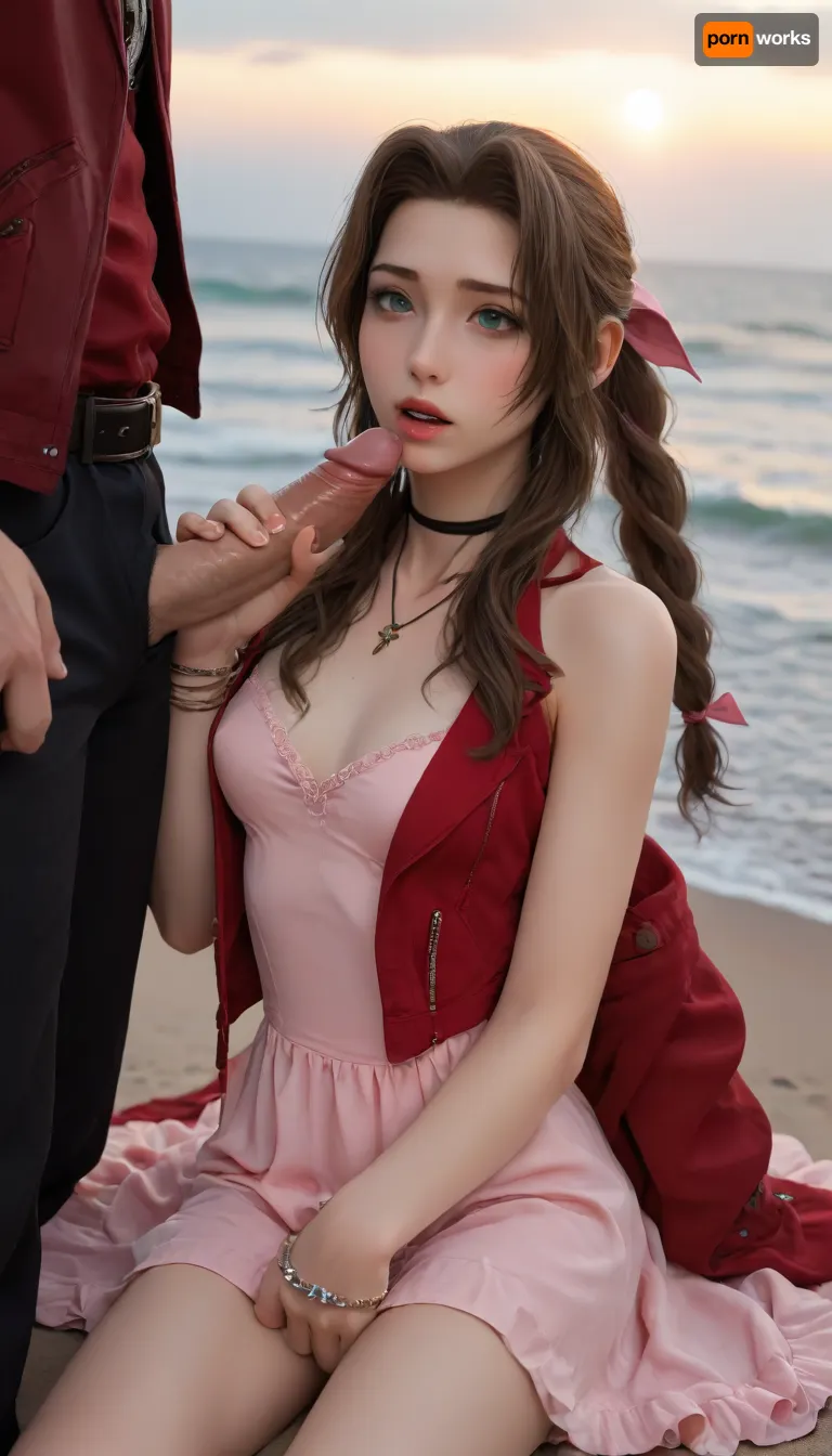 (Masterpice), (HD4K visual), (detailed background), 4K ultra-detailed image, HDR, enhancement, professional photography, precise anatomy, (perfect symmetry, 5 fingers per hand), realistic textures, maximum resolution, sharp focus, NSFW, picture, Aerith Gainsborough from Final Fantasy VII wearing a, ((long pink dress)), ahegao expression, athletic body, black and a short red jacket, hairy pussy, small breasts, perky pointed gumdrop nipples, wet clothes, laying down, legs spread, washed up on shore, wide shot, side view, on a beach, waves in backgrownd, sunny, day time, sun beaming down, incase, style, ratatatat74, defaerith, braided, ponytail, hair, bow, pink, choker, necklace, cropped, jacket, red, short, sleeves, dress, long, altaerith, very, ribbons, drill, star, ballgown, bare, shoulders, strapless, plunging, neckline, big buff men, men standing around Aerith, big brown cocks, handjob, <lora:287175_training_data:1.4>, <lora:ratatatat74-000050:1.4>, <lora:aerith-xl-nvwls-v1:1.4>, <lora:add-detail-xl:2>