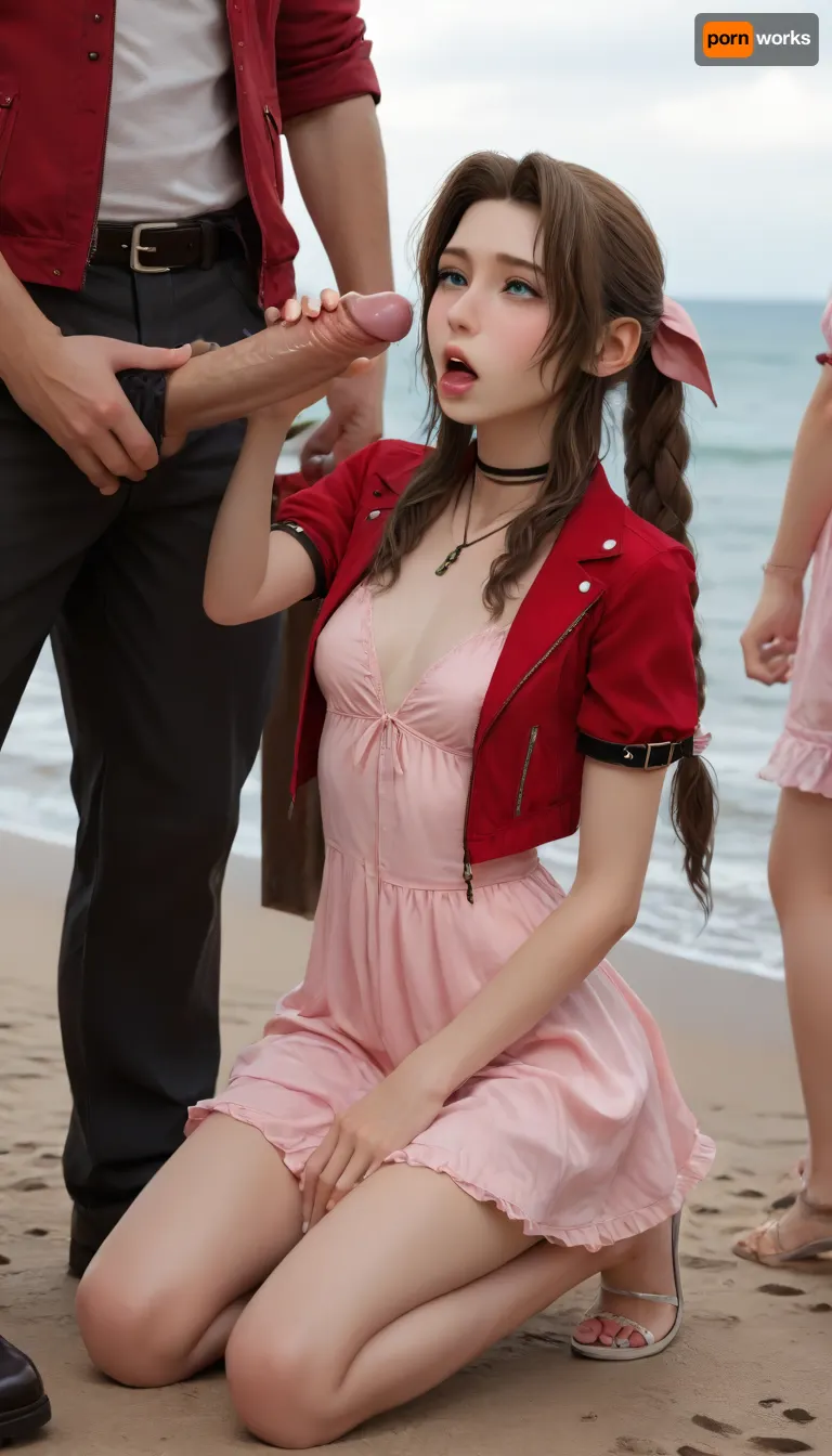 (Masterpice), (HD4K visual), (detailed background), 4K ultra-detailed image, HDR, enhancement, professional photography, precise anatomy, (perfect symmetry, 5 fingers per hand), realistic textures, maximum resolution, sharp focus, NSFW, picture, Aerith Gainsborough from Final Fantasy VII wearing a, ((long pink dress)), ahegao expression, athletic body, black and a short red jacket, hairy pussy, small breasts, perky pointed gumdrop nipples, wet clothes, on knees, washed up on shore, wide shot, side view, on a beach, waves in backgrownd, sunny, day time, sun beaming down, incase, style, ratatatat74, defaerith, braided, ponytail, hair, bow, pink, choker, necklace, cropped, jacket, red, short, sleeves, dress, long, altaerith, very, ribbons, drill, star, ballgown, bare, shoulders, strapless, plunging, neckline, big buff men, men standing around Aerith, big brown cocks, handjob, tongue, out, ahegao, drool, <lora:287175_training_data:1.4>, <lora:ratatatat74-000050:1.4>, <lora:aerith-xl-nvwls-v1:1.4>, <lora:add-detail-xl:2>, <lora:ahegao_mr_chrisma:1.4>