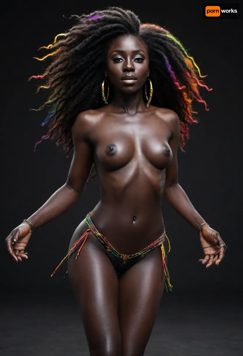 Black woman. Black woman. Dark skin. Ebony skin. Very dark skin. Black woman. Black girl. African American heritage. Dark as the night., (Black skin:1.7), . Full body render. Fuck me face. Long multi color hair. Rave girl dancing. Naked. Rainbow hair.