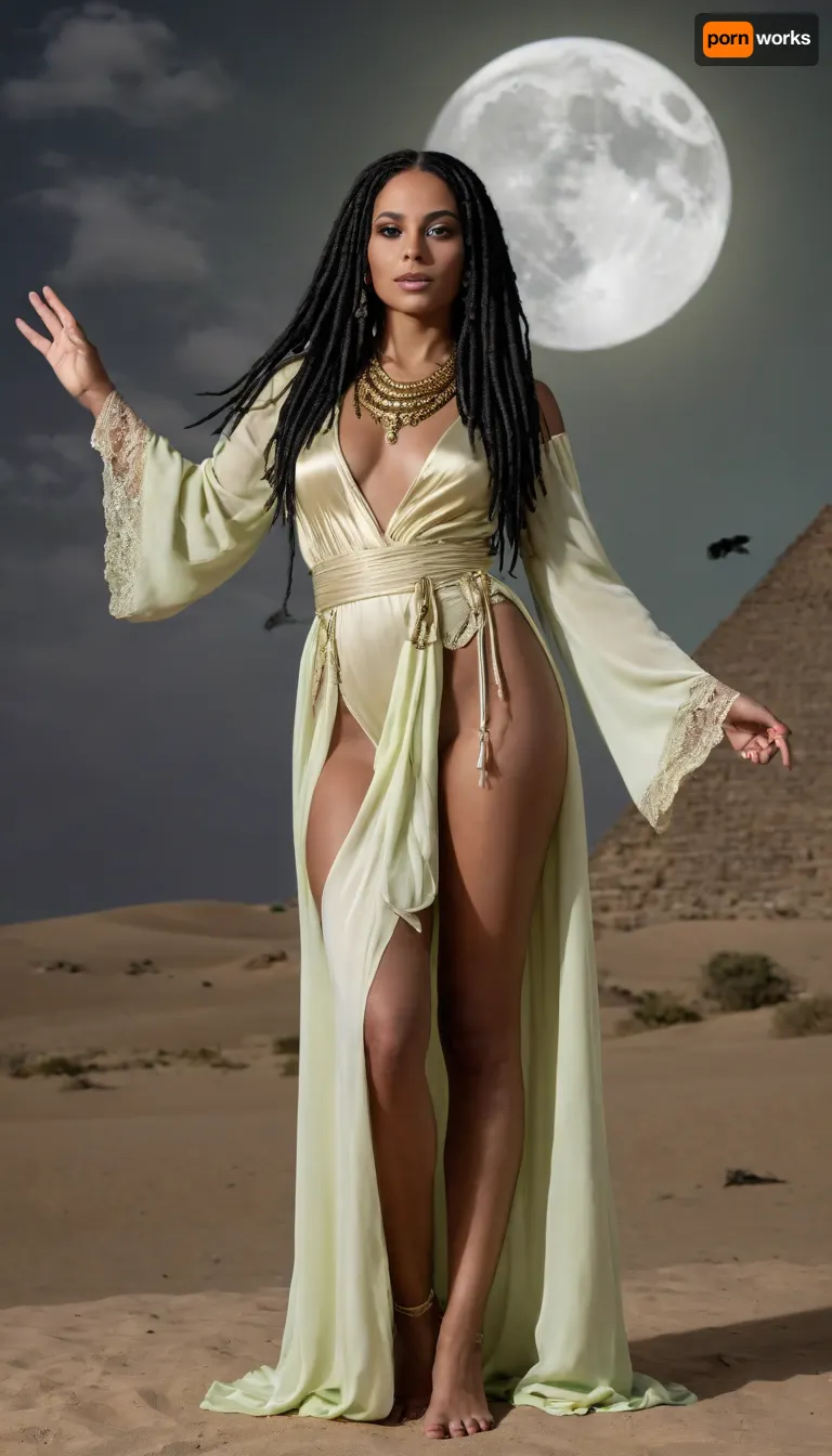 monochrome fotogrfy, (black and white, hi contrast), outdoor, moon, night, clouds, raibow, birds, desert, oasa, pyramide and church, 80 years old, egyptian preist, (very black skin, nubian, egyptian), 1 century bc. one hand uo, is humble, lusty and inteligent, dressed in a gold and black silk robe, (expensive gold and black master class, ancient), gold lingery, half naked. She moves quietly and efficiently, always polite and attentive to her duties. naked tinny tits, big excited niples, hard shaped, all body, open legs, showing pussy and naked small, Tuching open pussy by fingers, lace filigree of bright, rich color. Long black hairs, (dreds haircut hair), and large green eyes with black lines, arms up, pastel
