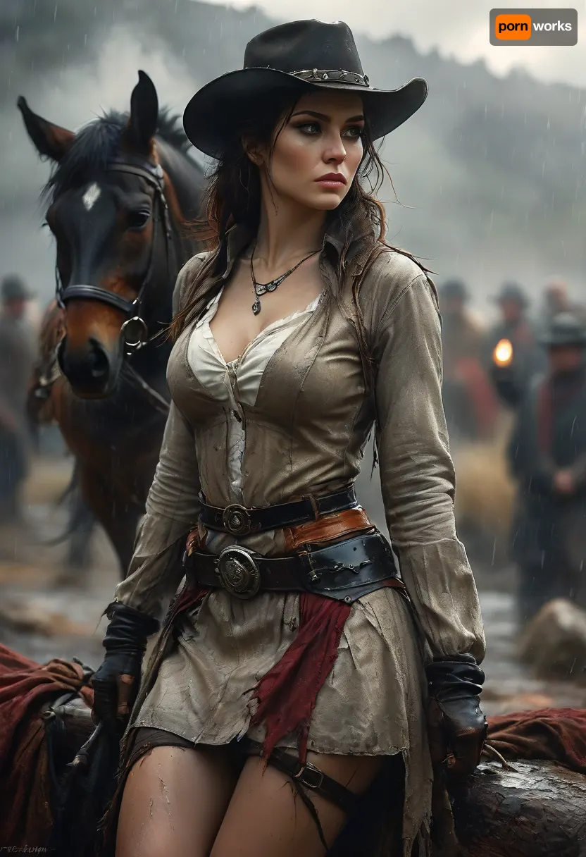 Monochrome, Wild West 1790, backside view of a super sexy athletic and flat-chested gunslinger riding her horse through the Rocky Mountains on a hard rainy day, (hard rain:1.3), (soaked wet clothes:1.3), she wears, (a wet long beige dirty used coat:1.3), underneath a wet white cotton rough men's shirt with buttons, (a wet dark red miniskirt:1.4), (black fishnet stockings:1.4), cowboy boots, (a cartridge belt with a pistol holder around her waist:1.4), her very wet black hat is pulled low over her face, perfect face, perfect hands, dangerous aura, leaning forward against the rain and mist, wet perfect horse, breathtaking nature, (oil lamp in one hand:1.3), warm golden lamplight, emphasizing a cinematic, dystopian cowboy atmosphere, art Style & Technique is a dirty old style, Ultra-realistic digital painting with cinematic depth of field. Highly detailed texturing on leather, skin, and hair, dramatic contrast lighting and warm dusty tones, a sharp foreground focus and a slightly blurred background to create depth, masterpiece, best quality, ultra-detailed, cinematic lighting, wild west, smoking weed, cannabis, Ultra-realistic Western art, highly detailed, cinematic moody lighting, tense but charismatic atmosphere., crowd, of, people, FRESHIDEAS, Real, Photography, 2#, Black, and, white, art, black, shading, charcoal, toned, brutal, dark, b/w, color, scheme, kisyu, horse, riding, <lora:FRESHIDEAS Real Photography 2#:.8>, <lora:MJ52:.8>, <lora:Black and white art.V1:1.9>, <lora:kisyu_XL_V1.0:.8>