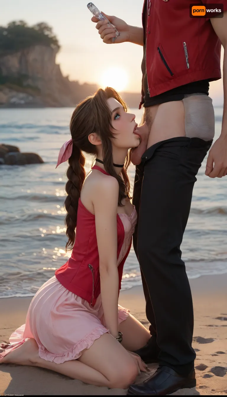 (Masterpice), (HD4K visual), (detailed background), 4K ultra-detailed image, HDR, enhancement, professional photography, precise anatomy, (perfect symmetry, 5 fingers per hand), realistic textures, maximum resolution, sharp focus, NSFW, picture, Aerith Gainsborough from Final Fantasy VII wearing a, ((long pink dress)), ahegao expression, athletic body, black and a short red jacket, hairy pussy, small breasts, perky pointed gumdrop nipples, wet clothes, on knees, washed up on shore, wide shot, side view, on a beach, waves in backgrownd, sunny, day time, sun beaming down, incase, style, ratatatat74, defaerith, braided, ponytail, hair, bow, pink, choker, necklace, cropped, jacket, red, short, sleeves, dress, long, altaerith, very, ribbons, drill, star, ballgown, bare, shoulders, strapless, plunging, neckline, big buff men, men standing around Aerith, big brown cocks, handjob, ((deepthoat)), (((balls deep penetration))), extreame drool, drool leaking out of mouth, sloppy throat fuck, <lora:287175_training_data:1.4>, <lora:ratatatat74-000050:1.4>, <lora:aerith-xl-nvwls-v1:1.4>