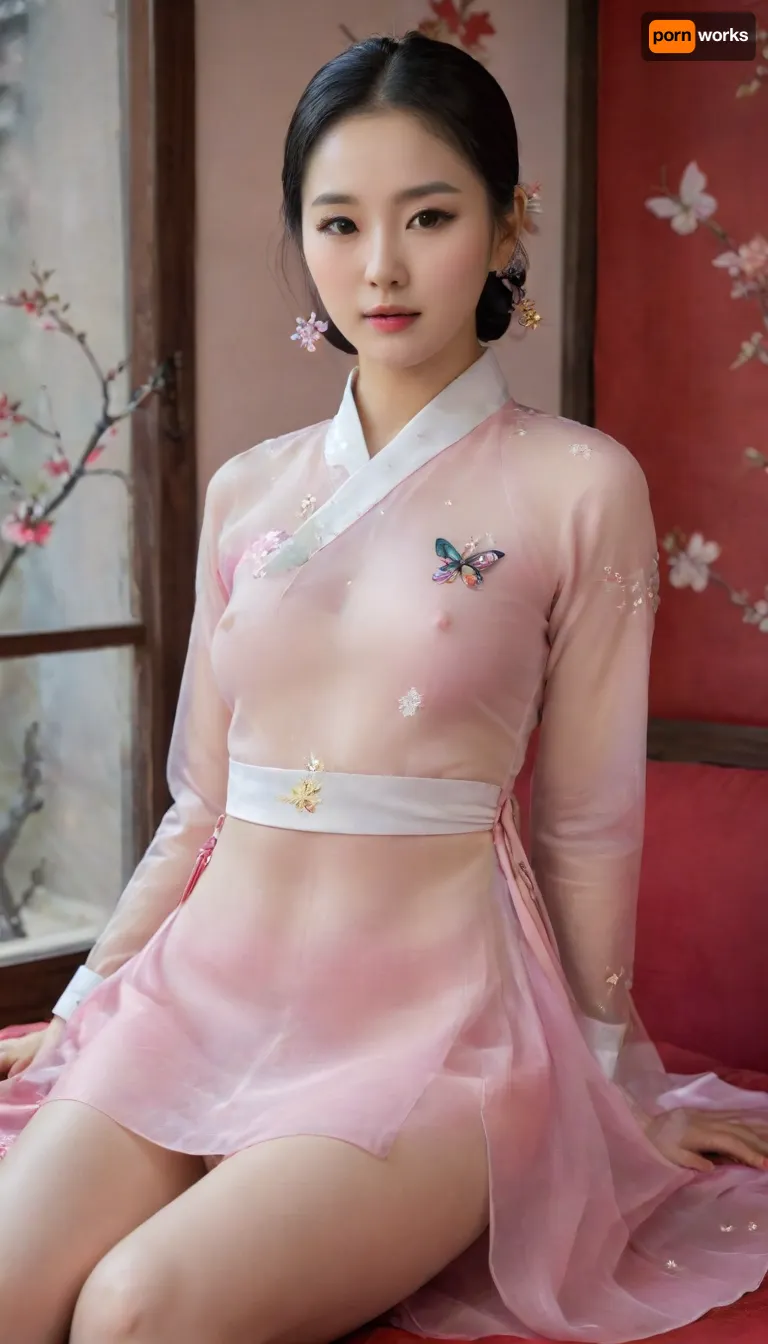 A realistic painting of a beautiful korean goddess wearing a sheer fabric hanbok, high detailed clothes. Her black shiny hair is decorated with butterfly-shaped gemstone accessories. Her round and natural eyes sparkle like stars in the night. Her cheeks are soft and rosy like peaches. Her lips are as red as a cupid's bow. Her waist is slim but curvy. Her small breasts are towering high and her nipples perking. She sits on the red couch with her legs spread and one knee up like a masculine woman. Her skin is white and shiny. Her thighs are slender and smooth like white porcelain. Her bald pussy looks tight and narrow like a red thin line., hanbok, dangui, clothes, no, bra, covered, nipples, <lora:xl_more_art-full_v1:.8>, <lora:SDXL_Dangui_LoRA_beta4:.8>, <lora:nobrav1_SDXL:.8>