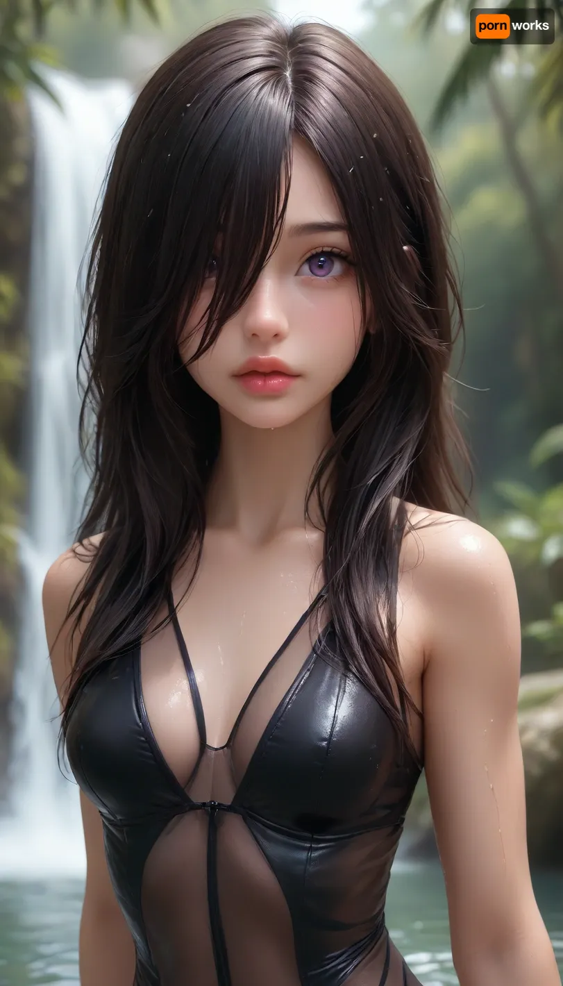 (candid shot:1.2), (beautiful 24 year old woman rubbing body:1.4), (joyful facial expression:1.6), (tiny breasts:1.2), (nude:1.2), (long black hair over one eye:1.2), (straight long hair:1.2), (large volume of hair:1.3), (large lips:1.4), (black see-through bodysuit:1.4), (bright purple eyes:1.4), (big eyes:1.1), (athletic curvy body:1.3), (thick thighs:1.1), (wet:1.3), (bubble butt:1.1), by a waterfall in the Amazon Jungle, Rainbowiridal, Spiral, rainbowiridal, palette, Shiny, Bright, Intense, gaze, Amber, woman, Genetically, modified..., <lora:Asian_Beauty XL:.6>, <lora:Midjourney Image Enhancer XL v1:.8>, <lora:HellJourney_XL_V1_universal:1.1>, <lora:405168_training_data:2>, <lora:Stunning_eyes_2:2>