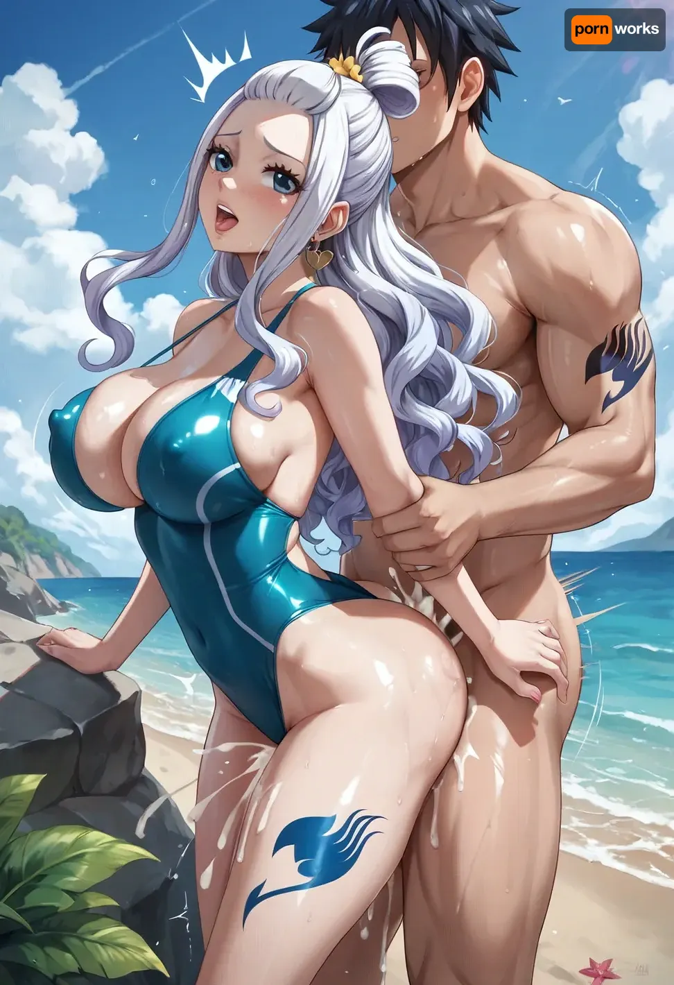 score_9, score_8_up, score_7_up, fairy_tail, mirajane_strauss, absurdres, highres, 1boy, 1girl, ass, beach, aqua_one-piece_swimsui, blue_eyes, white_hair, bouncing_breasts, breasts, cleavage, clothed_female_nude_male, clothed_sex, covered_nipples, cum, cum_on_ass, cum_on_body, cum_overflow, day, doggystyle, female_orgasm, groin, hetero, huge_breasts, long_hair, muscular, muscular_male, nude, one-piece_swimsuit, solo_focus, orgasm, outdoors, sex, sex_from_behind, skindentation, leg_tattoo, shiny_skin, standing, swimsuit, thighs, trembling, tattoo