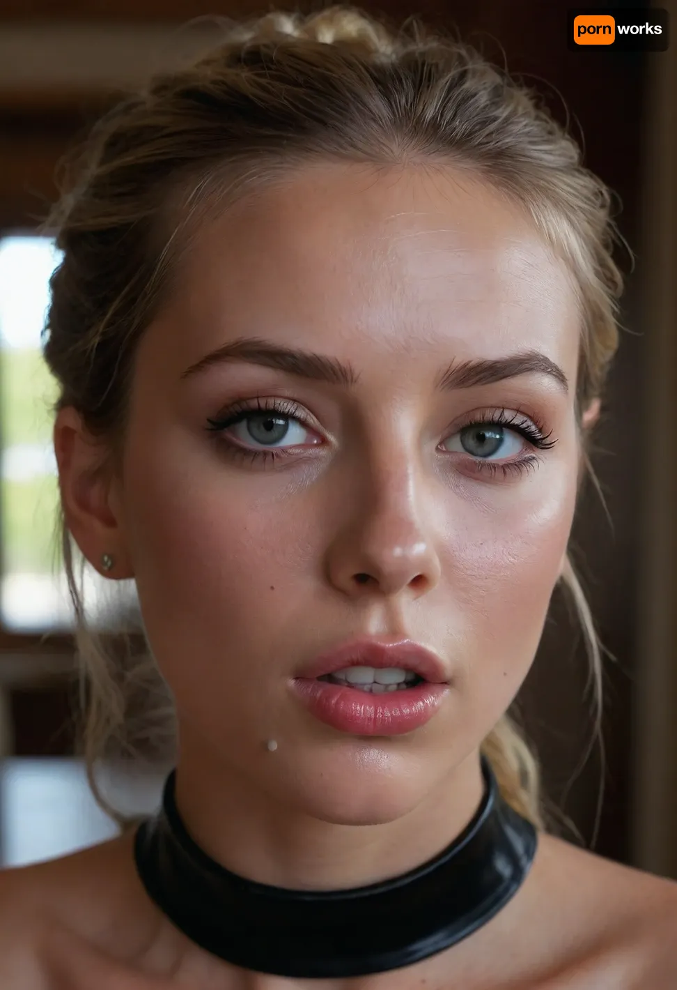 Create high quality picture with super high resolution, Camera closeup face, Outstanding Beautiful petite supermodel, 21-year old skinny girl, light blonde Side Braid Bun, glam Makeup, eyeliner, lipstick, full Lips, kissing, Defined nose, Long lashes, Glowing skin, Tender flushed cheeks, Upturned intense, luminous Eyes, fit, svelte, graceful, dainty Girl, Expensive silver jewelry, (Smoldering, Sultry, Alluring, Languid, Breathy gaze, begging, orgasmic face, cute looking, rolling eyes), (((massive facial, tons of cum. Flowing from mouth to chin))), cum on face, cum on hair, cum on legs, facial, open mouth, (location, expensive, modern glass lodge, light colors, Sunbeams penetrate through the bigglass window and illuminate body and hair from behind), (cum in mouth:1.3), Squirting from pussy, (bukkake, hard penises close around her face, penises spreading cum to face), (expensive black high-neck top, small tits contures visible through top, Pussy visible throgh wet slip), She sweats. bukkake, cum, facialized, superfacialized