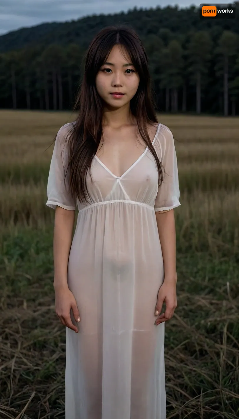 very dark focused flash photo of found footage of a 22 years old messy long haired japanese girl wearing dirty white sheer fabric long dress standing in the middle of tall grass field staring at you at night with a dark forest in the background, bangs, pale face, slightly smile, no make up, extremely low saturation, black night, black sky, front view, full body view, shadow from all direction, dark background, spade, <lora:sdxl_darkflash_v6-000060:2>, <lora:nobrav1_SDXL:.1>