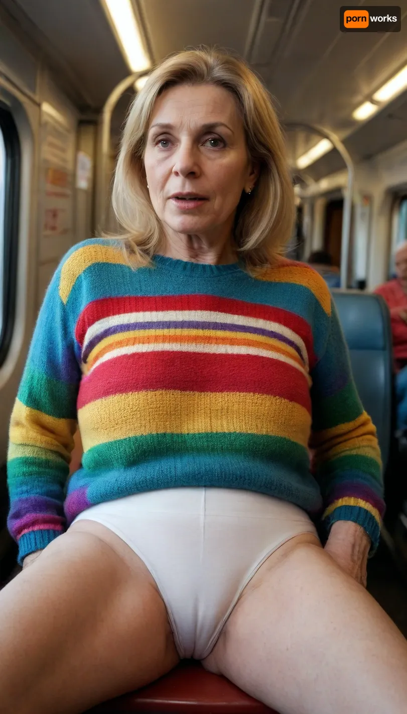 Tikhomirova Anastasia, 62-year-old woman, sweater, sitting on a train, in white cotton underpants, among many people, passers-by, legs spread apart, Multicolored, all the colors of the rainbow, <lora:sagging-000015:1.6>
