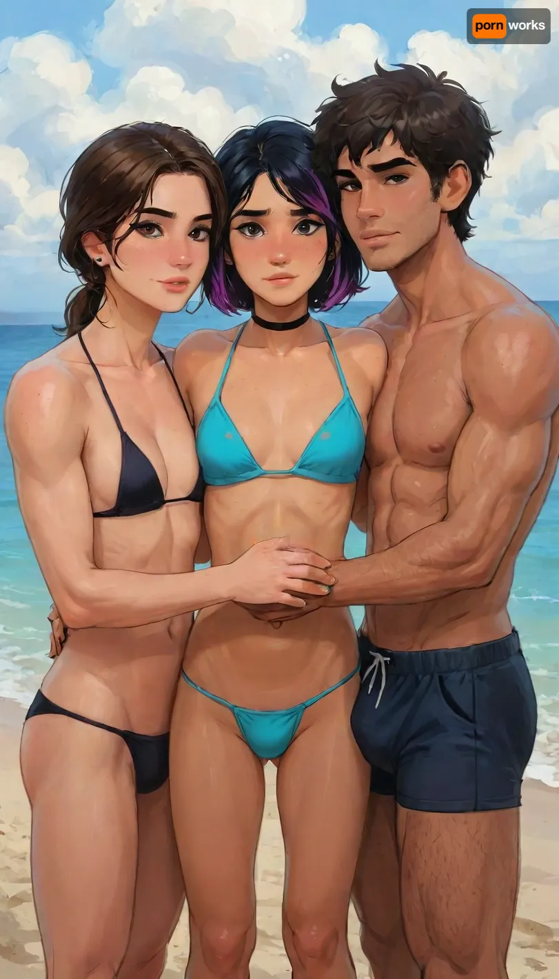 Andava, Andavaverse, The Group Take A Cute Photo On The Beach.

ALEXIS ROTH, Italian-Korean femboy, Height 5'5, A stylized anime-style featuring a feminine, androgynous anime character with bright-blue eyes, black hair and a headband, wearing fashion black bikini, highly detailed, intricate, visible penis bulge, showing toned abs and a relaxed confident expression, coy smile, black nails, The character is muscular yet slender, flat chest, blending masculine and feminine features. ANGELIA PELO ROTH, Italian-Korean, petite woman, Height 5'3, A confident young woman with wavy shoulder-length hair dyed in rich two-tone purple with slight magenta-highlights, parted slightly to the side, bright-grey eyes, wearing teal bikini, She has a toned body, small breasts, athletic midriff exposed. She accessorizes with a black choker around her neck, a thick black sweatband on one wrist, Her expression is confident and playful, slightly smug or teasing.The aesthetic is alt-girl, modern streetwear with punk/grunge influence.

JEREMY RAI, Dougla male, Height 5'6, dark brown skinned male, Alexis friend and school waterboy.A shy innocent boy. Mr Sahota illegitimate son.

perfect anatomy, best quality, 8k, insane details, intricate details, hyperdetailed, hyper quality, ultra detailed, professional, HDR, ray tracing reflection, cinematic lighting, highlydetailedbody, realisticface, highlydetailedhair, perfectfingers, insanelydetailed, 8K.highdetailedskin, highresolution, (j_cartoon:1.5), Drawing, Andi, uberfit, muscular, athletic, <lora:467443_training_data:1>, <lora:detailed_notrigger:2>, <lora:samdoesarts1.1-000030:.4>, <lora:J_cartoon:.3>, <lora:Animated_Concept:.4>