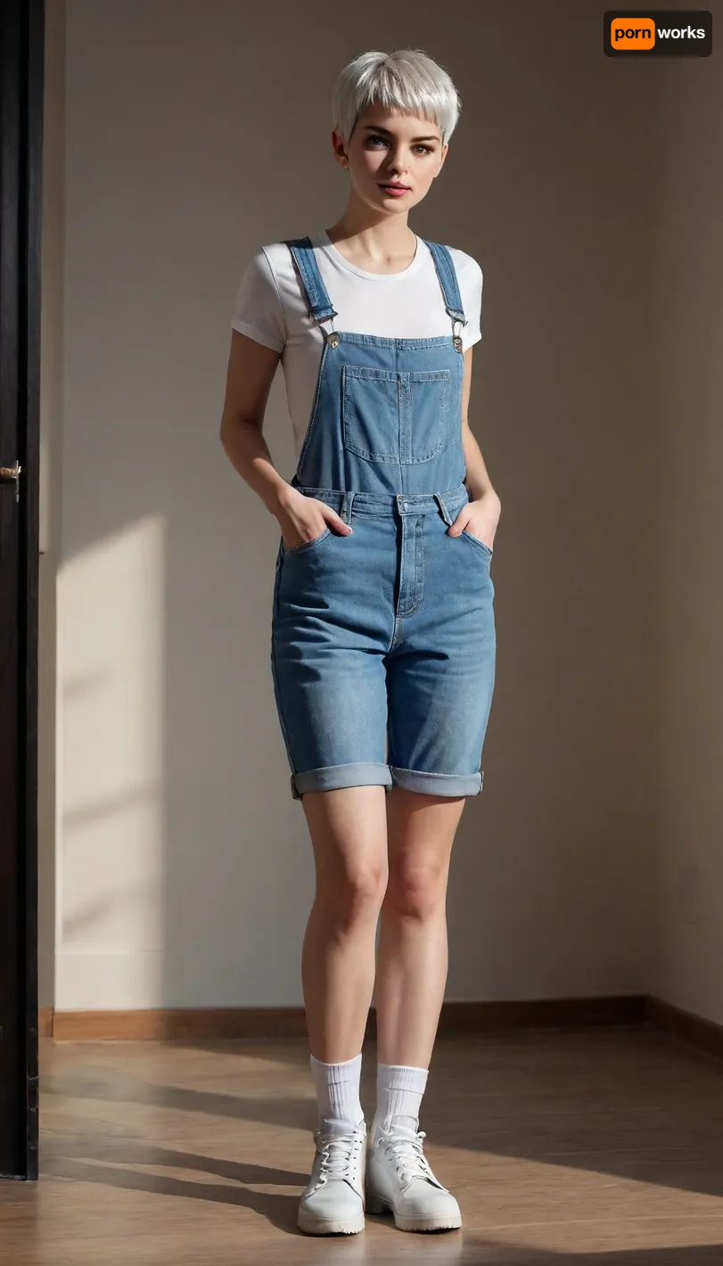 in full height, standing with her legs apart, a girl with a snow-white pixie haircut, moist skin, beautiful legs and hips, shadows, seductively, low-cut T-shirts, triple push-up, graceful legs, overalls, work boots and white socks, strict appearance, strict, frowned