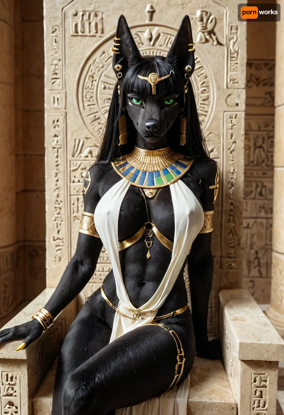 egyptian goddess, sitting relaxing on an egyptian throne, 1girl, (furry canine female), jackal anthro, (large green eyes), looking at viewer, egyptian jewelry, long black hair, hime cut, (((black furry body))), sexy loose top, loincloth, <lora:FursuitXL:.6>, (many earrings on ears), long golden nails claws, ((slim:1.4)), toned body, curvy, (her body covered with tattoos:1.5), biceps, (large quads), (wide hips), (flat ass), (large breasts), (erect nipples:.6), <lora:TLS:.8>