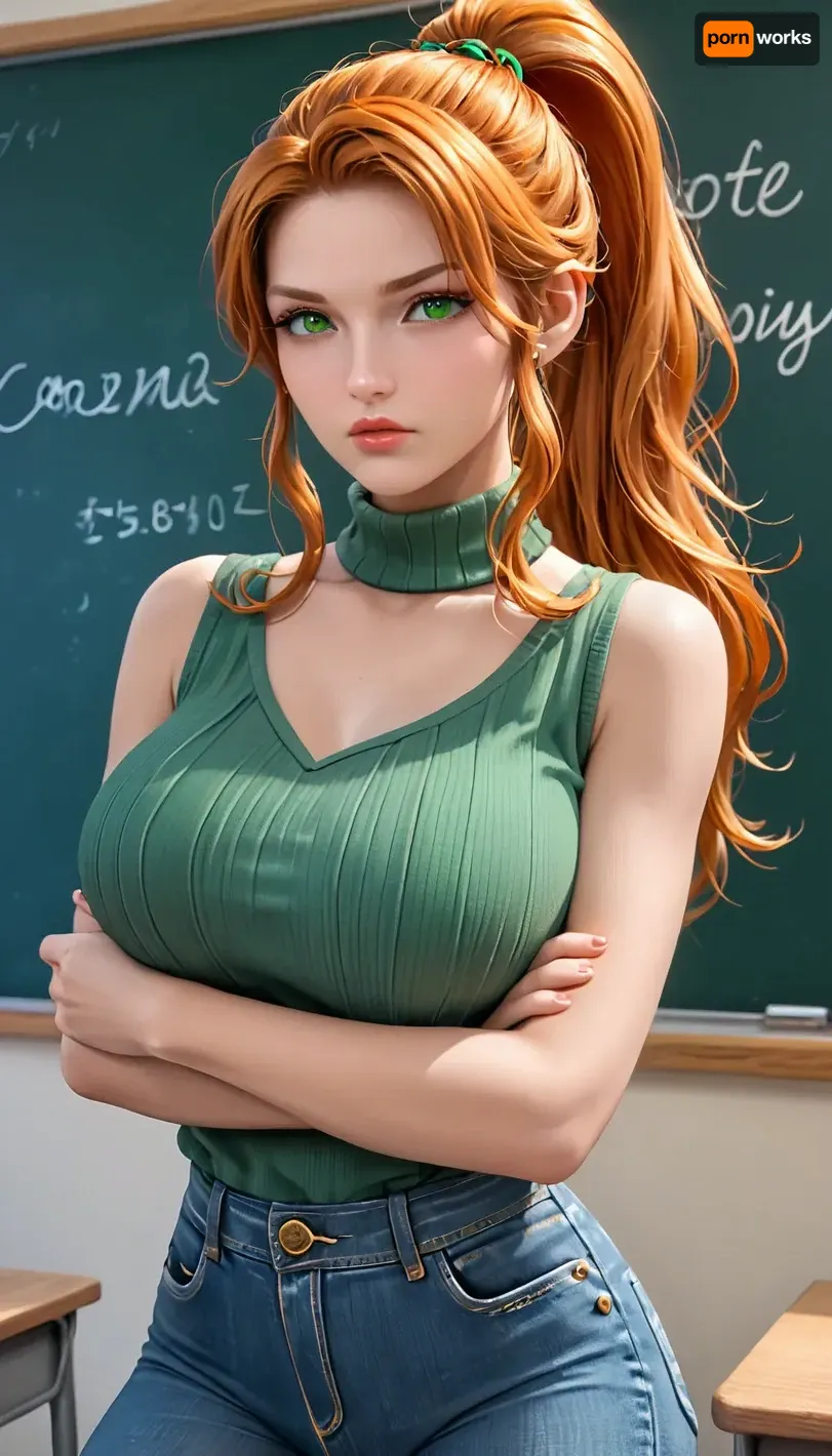 photorealistic, ((35 y/o beauty, gorgeous woman, Robin from Stardew Valley)), best quality, afterglow, 4k, ((masterpiece)), extremely detailed, 8k, trending on ArtStation, Intricate, High Detail, Sharp focus, curvy, 1girl, ((perfect eyes)), (beautiful face, perfect eyes:1.2), (busty and curvy1.1), (busty hourglass body), ((pale skin, frekles, thin face, sharp cheeks)), (thick:1.2), (thick thighs), ((classroom background, ample windows)), rating, safe, (big breasts:.9), ((perky boobs)), (wide_hips), collarbone, (green turtleneck sweater, sleeveless, straight jeans), solo_focus, (serious, crossed arms), ((lips, pouts)), ((beautiful orange hair, straight hair, long hair, high ponytail, green eyes)), lips, standing, 4ng3l, face, brown, perfecteyes, <lora:attractive_notrigger:.5>, <lora:add-detail-xl:.5>, <lora:xl_more_art-full_v1:.8>, <lora:milkers_v2:.8>, <lora:PerfectEyesXL:1>