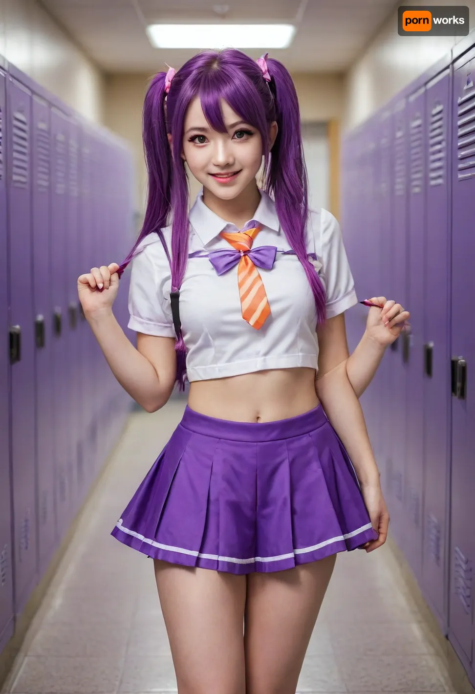 (masterpiece, best quality, high resolution, photorealistic, cinematic lighting), 1 woman, an anime character come to life, cosplay, perfect skin, (standing and posing), very cute, excited smiling face, (bright purple hair), long hair, (twin tails hairstyle), twin-drills, hair ornaments, skinny, short waist, petite, (anime inspired clothes), (beside a row of school lockers in a hallway), (well lit, school)
