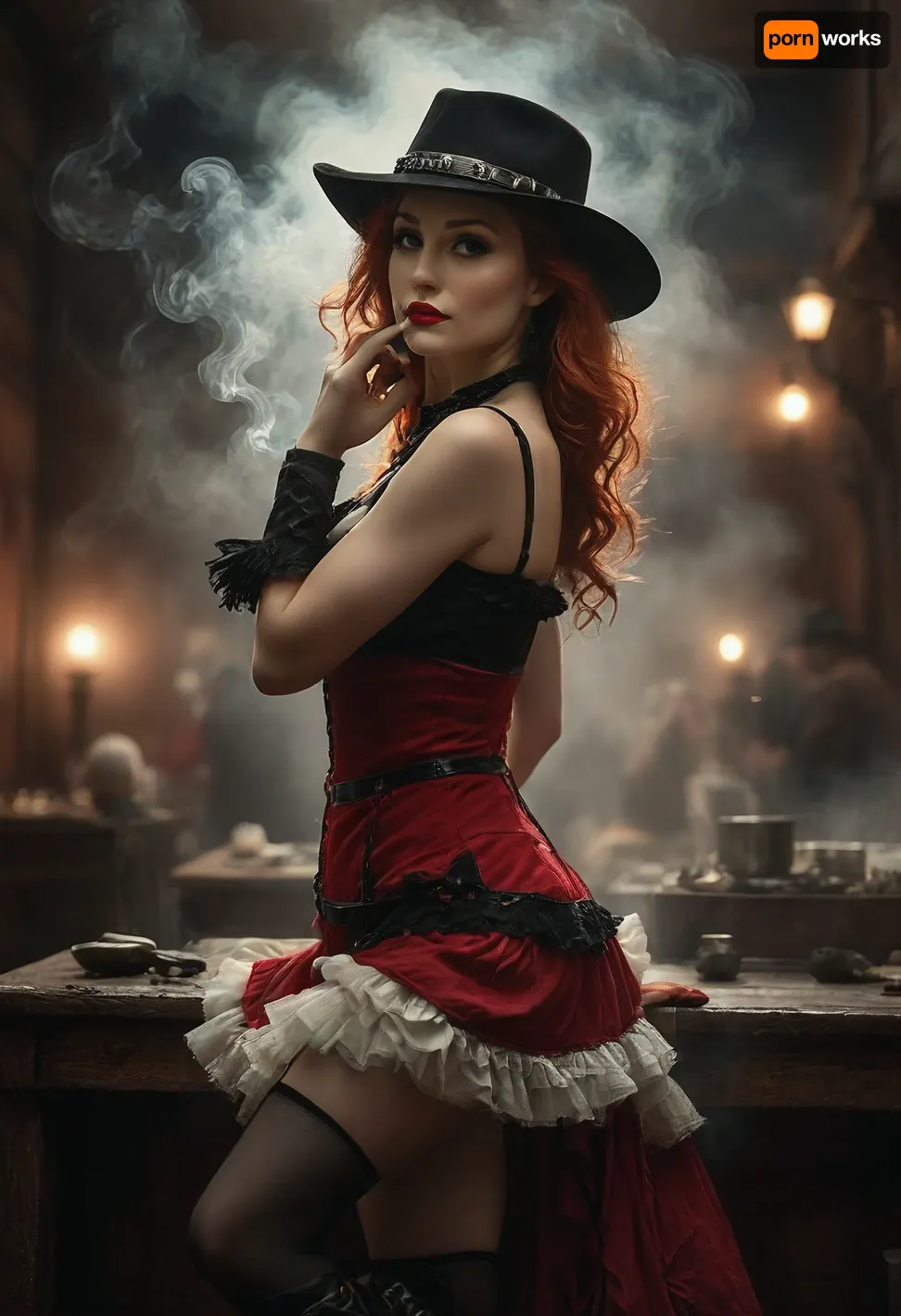 Monochrome, Wild West 1790, a super sexy athletic and flat-chested Classic French cancan dancers on stage in typical sexy costumes and fiery red long hair, ruffles, garter belts and cancan in a saloon, lifts up her dark red miniskirt, she wears, (sexy cancan outfit:1.3), underneath a red lingerie, (dark red velvet dress with many white petticoats:1.4), (black fishnet stockings:1.4), cowboy boots, her dusty black hat is pulled low over her face, perfect face, perfect hands, dangerous aura, dancing on the polished wooden stage of a smoky frontier saloon, (pompom in one hand:1.3), warm golden lamplight, card tables and piano in the background, cowboys and gamblers glancing her way. Sawdust on the floor, haze of cigar smoke in the air, filled with dust and smoke, emphasizing a cinematic, dystopian cowboy atmosphere, art Style & Technique is a dirty old style, Ultra-realistic digital painting with cinematic depth of field. Highly detailed texturing on leather, skin, and hair, dramatic contrast lighting and warm dusty tones, a sharp foreground focus and a slightly blurred background to create depth, masterpiece, best quality, ultra-detailed, cinematic lighting, wild west, smoking weed, cannabis, Ultra-realistic Western art, highly detailed, cinematic moody lighting, tense but charismatic atmosphere., crowd, of, people, FRESHIDEAS, Real, Photography, 2#, Black, and, white, art, black, shading, charcoal, toned, brutal, dark, b/w, color, scheme, <lora:FRESHIDEAS Real Photography 2#:.8>, <lora:crowd_notrigger:.8>, <lora:MJ52:.8>, <lora:Black and white art.V1:1.5>, <lora:281928_training_data:1.6>