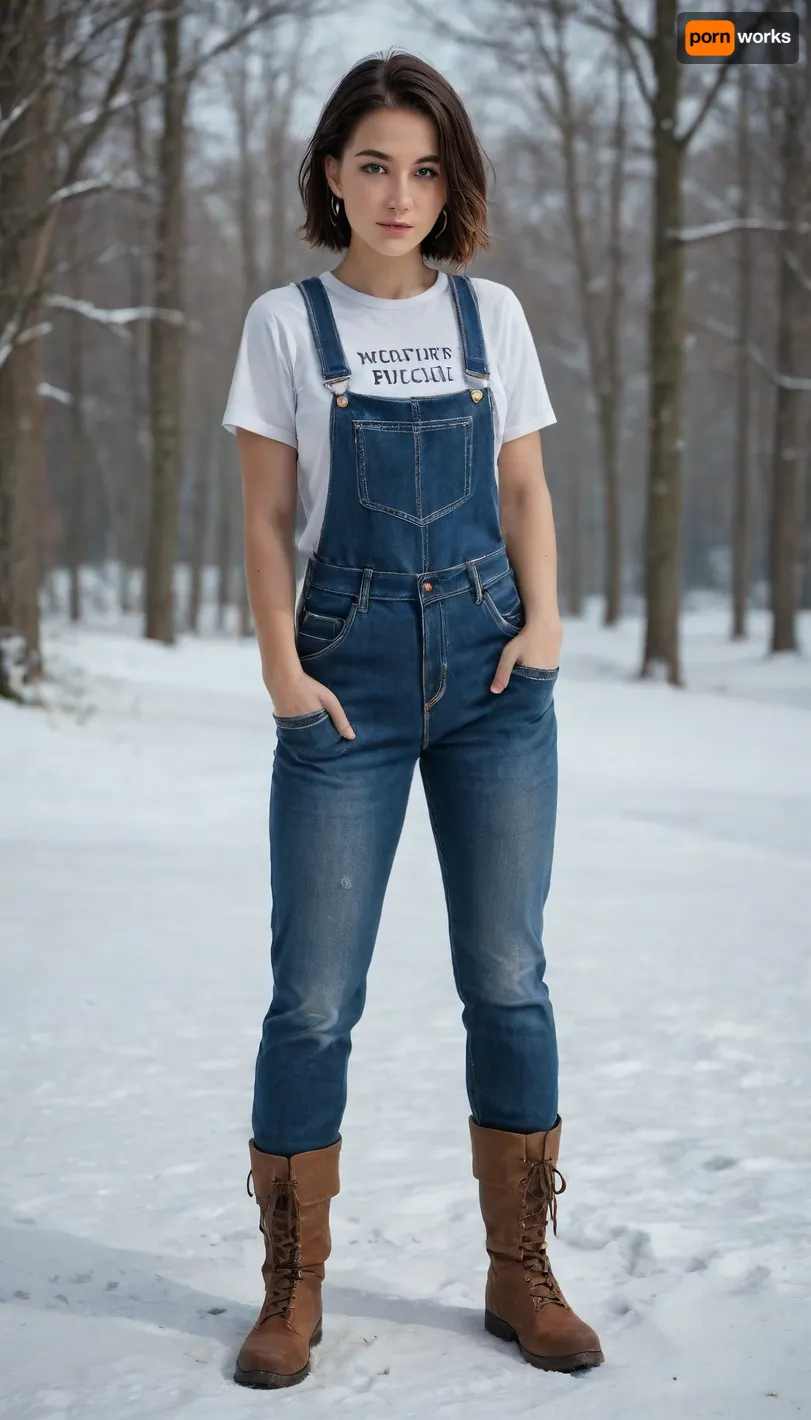 full-length, a girl with a snow-white pixie haircut, moist skin, beautiful legs and hips, shadows, seductive, low-cut T-shirts, triple push-up, graceful legs, overalls, work boots and white socks, strict appearance, strict, frowned