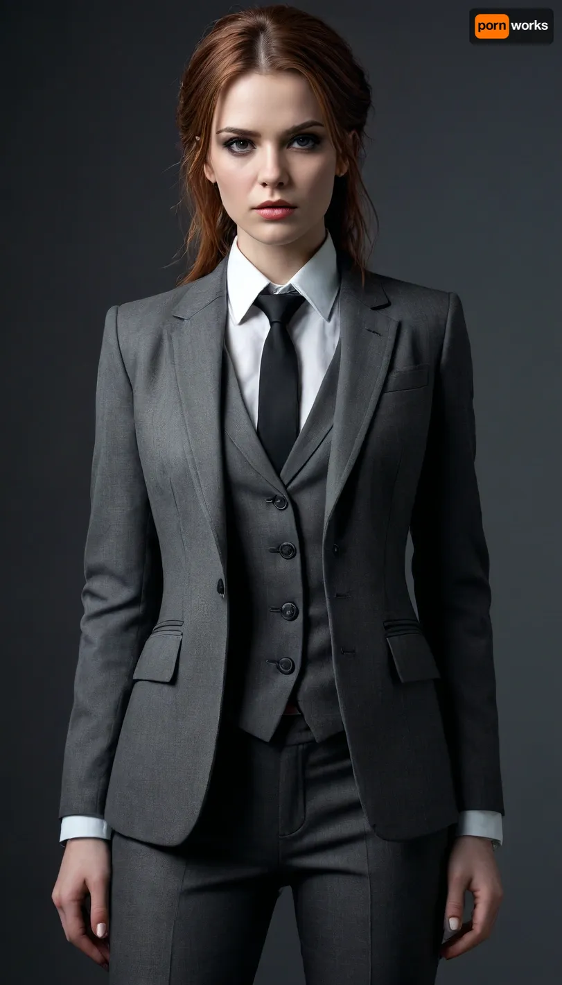 A classic suit with modern grunge elements, hyper detailed hyper realistic stunningly beautiful woman dressed in modern grunge fashion merged with classic tailoring style from head to toe, grunge makeup and accessories, classic suit accents with grungy flair, in the style of eve ventrue, 2d game art, clamp, porcelain, high-contrast shading