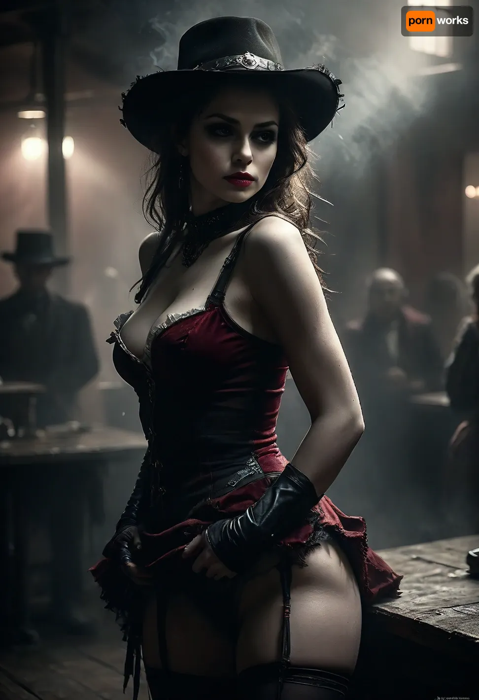 Monochrome, Wild West 1790, a super sexy athletic and flat-chested Classic French cancan dancers on stage in typical sexy costumes and fiery red long hair, ruffles, garter belts and cancan in a saloon, lifts up her dark red miniskirt, (perfect pussy:1.7), she wears, (sexy cancan outfit:1.3), underneath a red lingerie, (dark red velvet dress with many white petticoats:1.4), (black fishnet stockings:1.4), cowboy boots, her dusty black hat is pulled low over her face, perfect face, perfect hands, dangerous aura, dancing on the polished wooden stage of a smoky frontier saloon, (pompom in one hand:1.3), warm golden lamplight, card tables and piano in the background, cowboys and gamblers glancing her way. Sawdust on the floor, haze of cigar smoke in the air, filled with dust and smoke, emphasizing a cinematic, dystopian cowboy atmosphere, art Style & Technique is a dirty old style, Ultra-realistic digital painting with cinematic depth of field. Highly detailed texturing on leather, skin, and hair, dramatic contrast lighting and warm dusty tones, a sharp foreground focus and a slightly blurred background to create depth, masterpiece, best quality, ultra-detailed, cinematic lighting, wild west, smoking weed, cannabis, Ultra-realistic Western art, highly detailed, cinematic moody lighting, tense but charismatic atmosphere., crowd, of, people, Black, and, white, art, black, shading, charcoal, toned, brutal, dark, b/w, color, scheme, skirtlift, <lora:crowd_notrigger:.8>, <lora:MJ52:.8>, <lora:Black and white art.V1:1.5>, <lora:skirtlift_xl:2>, <lora:dark:.1>