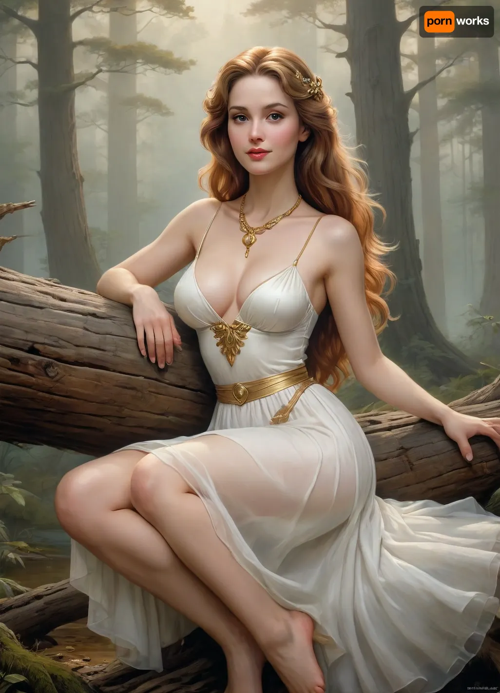 cartoon of an Unforgettable, award-winning illustration, captivating portait, exquisite features, radiantly elfish skin, silky flowing hair falling down her shoulders, transparent white tunic with large skirt, cleavage, big breasts, delicate fair fingers, golden necklace adorned around her slender neck. sitting on a log, holding skirt, one leg over other leg, showing sexy thighs, smile, looking to viewer, Behind her a mystical forest. fog, Soft morning mist carries whispers of ancient tales waiting to by, Michael Parkes &amp, Peter Elson, <lora:Cartoon_SDXL_V2-fixed:.5>