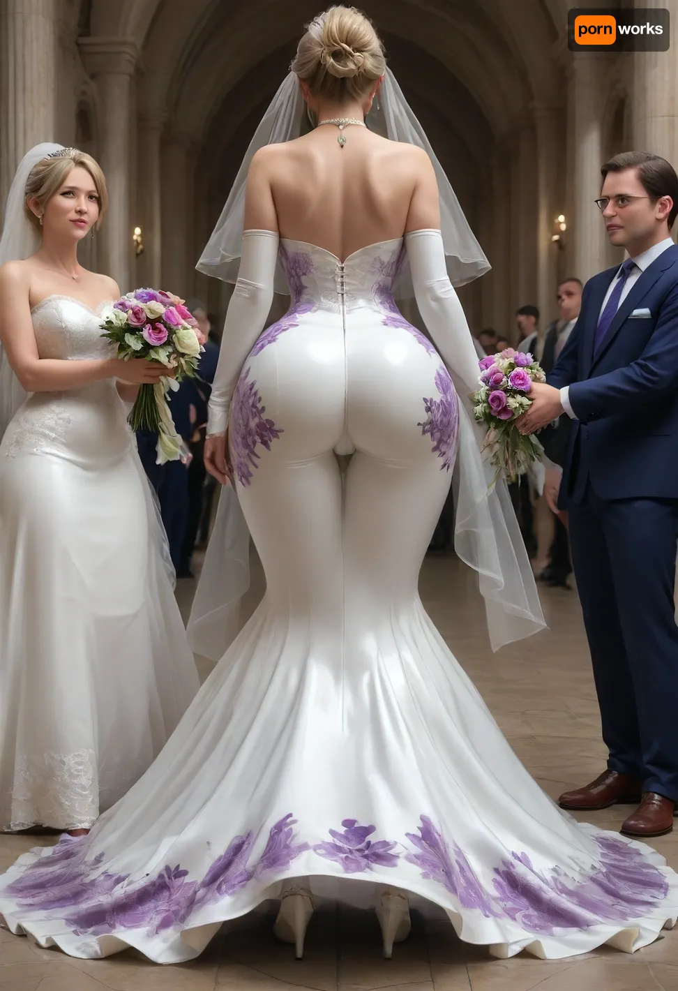 Skin tight white latex Hubble dress, bondage, ((hobble dress, wedding dress)), hobble, blonde ponytail, wedding venue, mature woman, 30 year old milf, wedding vail, holding an assortment of flowers, dress, huge ass, huge tits, snatched waist, high heels, super tight dress, knees touching together, strong calves, mermaid dress, rear view, (prominent gluteal fold), purple floral print, bottomheavy, big, ass, huge, gigantic, thick, thighs, massive, <lora:bottomheavy_v1_sdxl_tags:1.5>