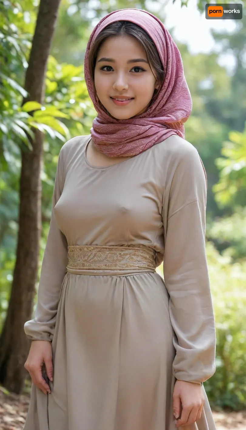 hentai beauty, 1girl, 18 years old, southeast asian girl, curvy petite body, detailed face, gentle smile, (scarf covering head and neck), undercap covering forehead, kaftan, long sleeves shirt, long skirt, soft fabric, ass, 3/4 body view, outdoor, side view, braless, Wearing, clothes, that, make, sense, with, Braless>, <lora:bralessSDXL_v1_00022:.8>