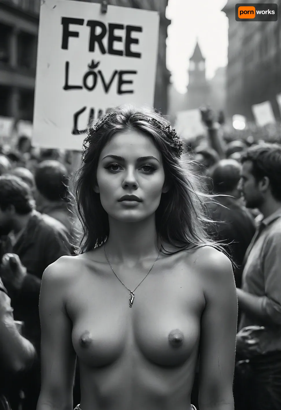 A symbolic image representing the right decisions in life, Berlin 1970, happy demonstration on street, (Monochrome image:1.4), 22 years old woman, spontaneous, (standing sex:1), during the demonstration, many people, (demonstration signs for "free love":1.6), free mind, sexual revolution, (groupsex:1.2), (orgy:1.4), best quality, ultra-detailed, cinematic lighting, smoking weed, cannabis, Ultra-realistic porn art, highly detailed, cinematic moody lighting, tense but charismatic atmosphere, crowd, of, people, Black, and, white, art, black, shading, charcoal, toned, brutal, dark, b/w, color, scheme, <lora:MJ52:.5>, <lora:Black and white art.V1:.9>, <lora:crowd_notrigger:.4>, <lora:RsmJemma1XL:.8>