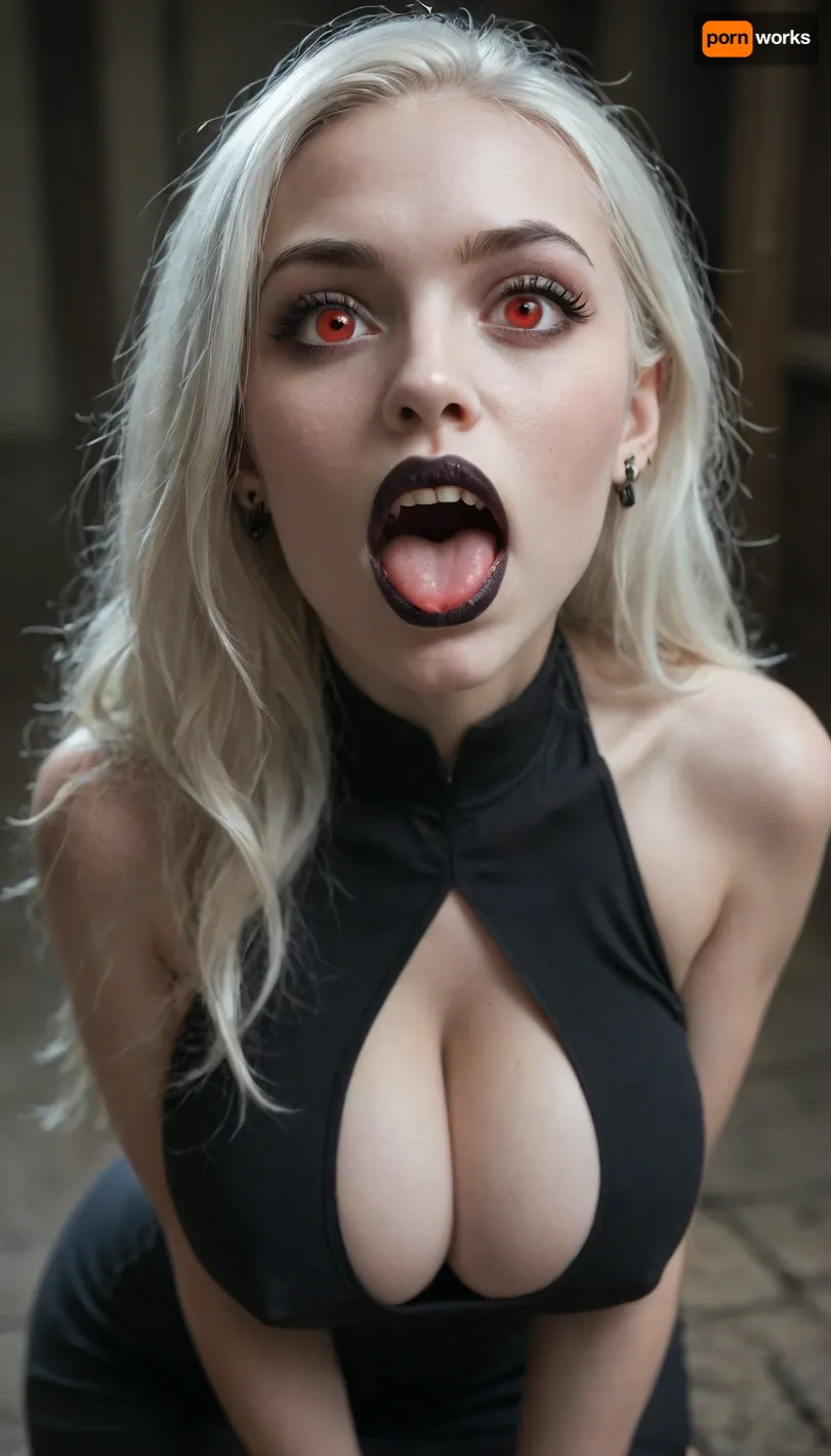 1 girl, 25 years old, on her knees, (long hair:1), (white hair:2), (perfect body proportions), (narrow waist), (pale skin, skin whiteness:1.5), (huge breasts:1), ((bright red eyes), (surprised face), (vampire fangs), (sharp facial features:1.2), (narrow face:1.2), thick lips, black lipstick, (open mouth), (wide jaw), wide cheekbones, (long black lace gloves), (long black dress:1), (tight dress:2), (deep cleavage:1.5), (erect nipples), (fair skin), (penis in front of face), (ejaculation:1), (cum shot), (huge cock:1), (bukkake), (eye in cum), (hair in cum), (breast in cum), (face in cum), in the woods, at night)