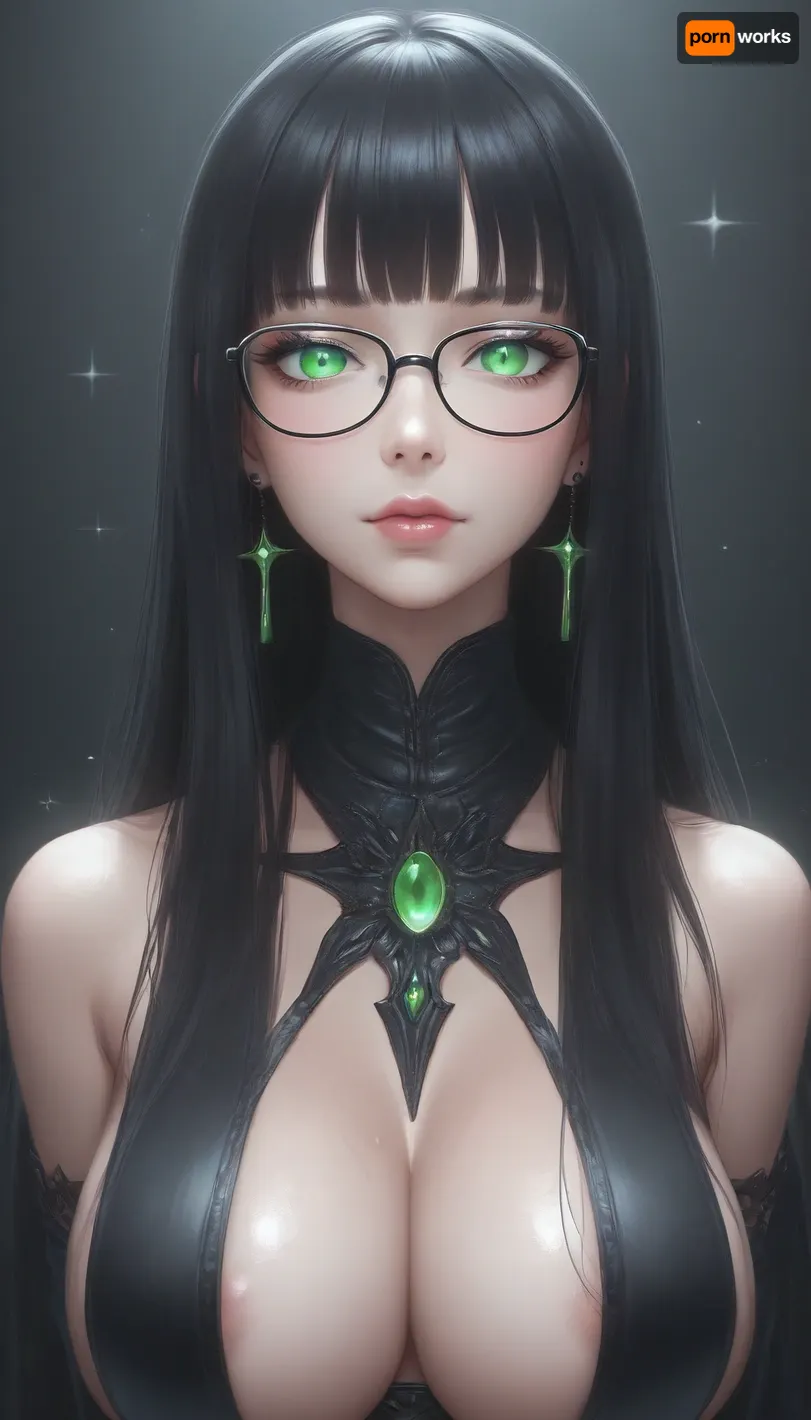 25 years old woman, huge tits, gigantic tits, straight bangs, green eyes, thick black glasses, extremely long hair, black hair, straight hair, eye, sparkle, looking at viewer, glowing, eyelashes, bust-up, <lora:Jeweled eyes-NAI:1.7>