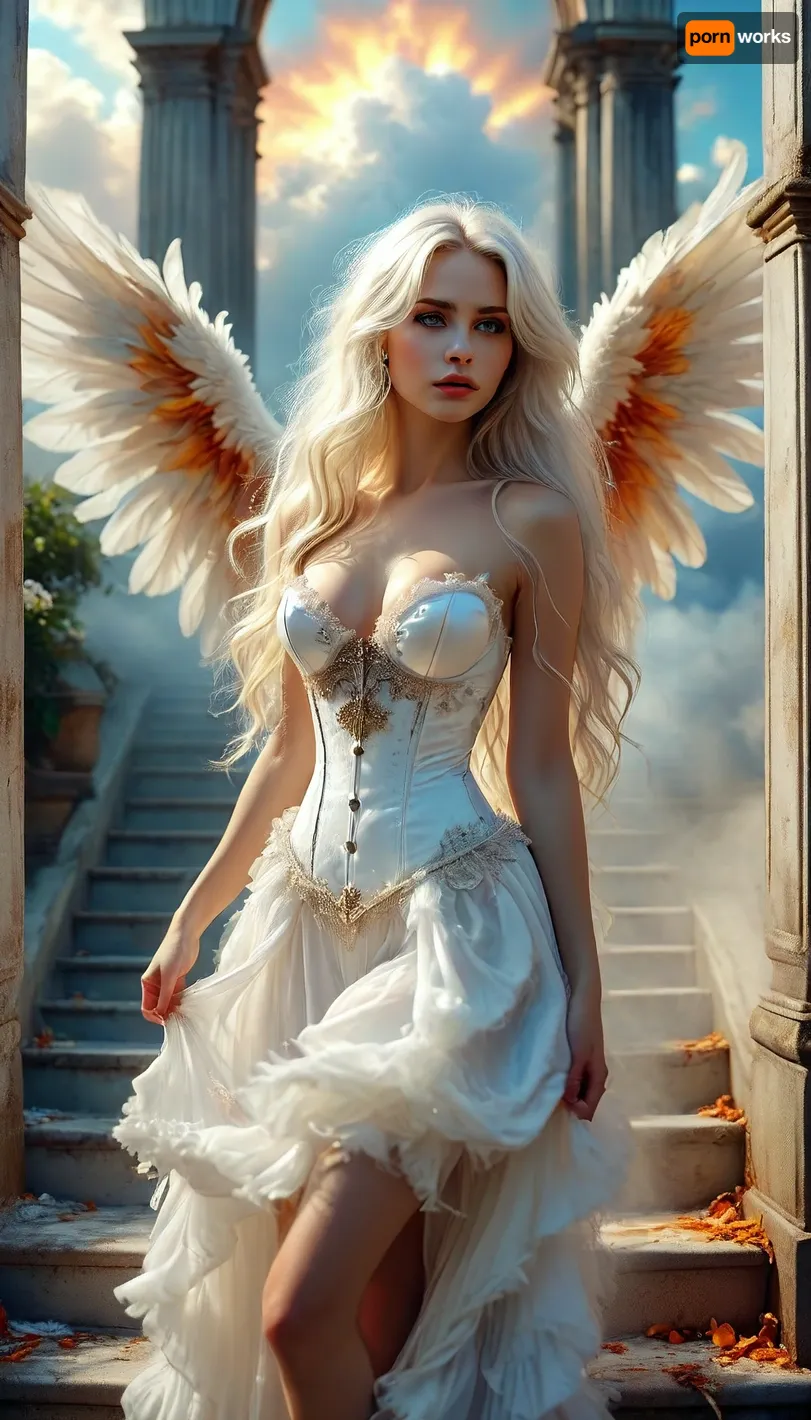 30 year female heavenly goddess seductress emerging from white clouds and blue skies, heavnly scene, white satin corset dress, 34c cleavage, erotic, sexy dress, she is coming to seduce you. Long white hair, seductive, short petite woman, heaven, city, garden, ink, wash, style, painting, artwork, angel, wings, angels, seraphim, Sexy, Cherubim, stairs, to, Ophanim, elevator, flaming, bush, streets, of, feathers, angelic, lamb, lion, <lora:BUT_SDXL_SHS:1.9>, <lora:WildcardX-XL-Detail-Enhancer:1.4>, <lora:MJ52:.1>, <lora:HeavenAngels-000008:.1>