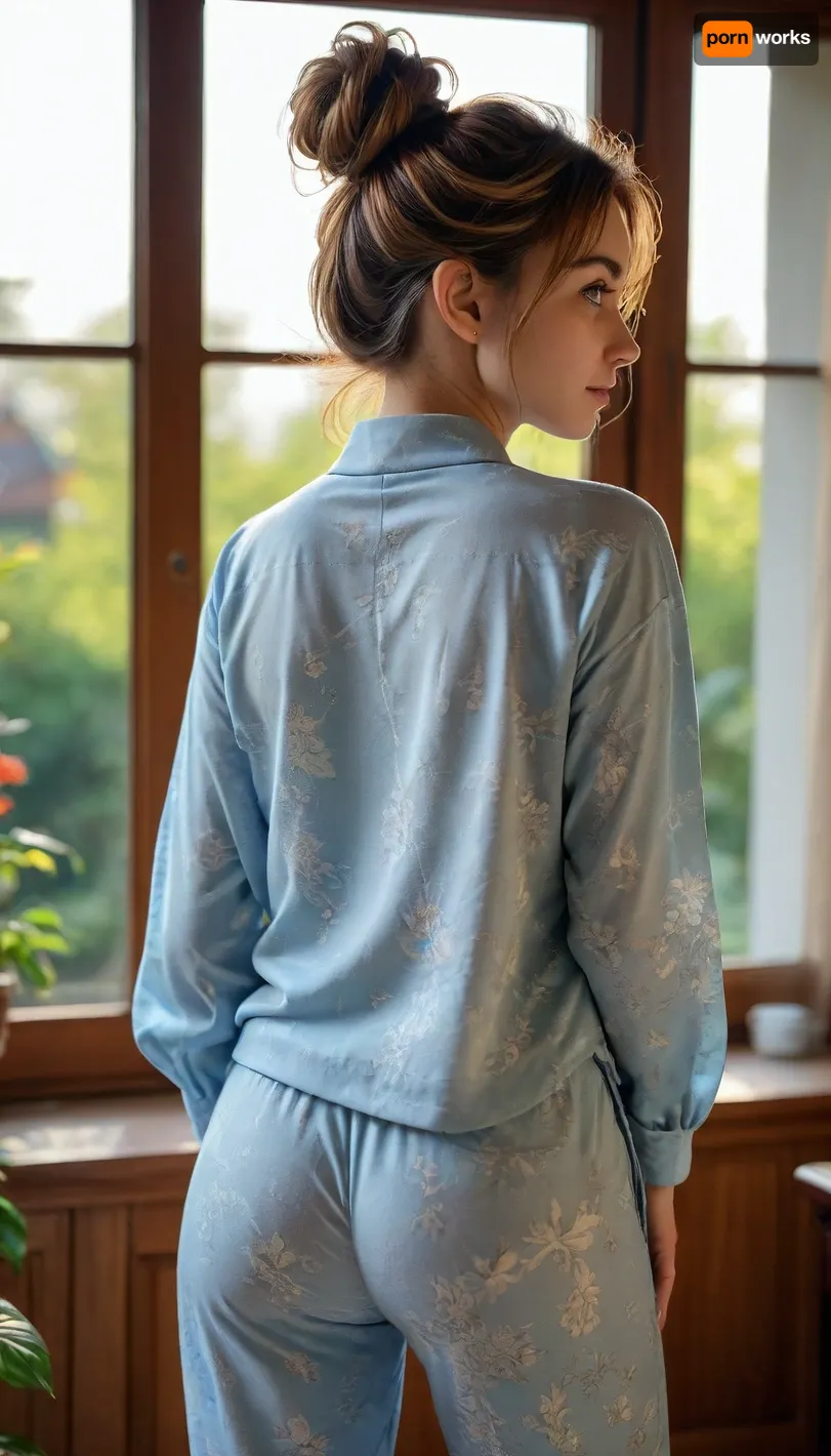 ultra high detailed photo, shallow depth of field, HD, instagram beauty, 20 years old naked slim wife in light blue long pajama pants, soft fabric with patterns, nude upper body, flat chest, detailed face, awkward smile, in the morning, large window, wind blowing in, beautiful garden, perfect body shillouette, small nose, detailed hair, messy hair bun, round ass, strong shadow from all direction, view from sideback, looking at you, 3/4 body view, high saturation, low contrast, warm tone, golden hour, <lora:detailed_notrigger:.8>, <lora:add-detail-xl:.8>