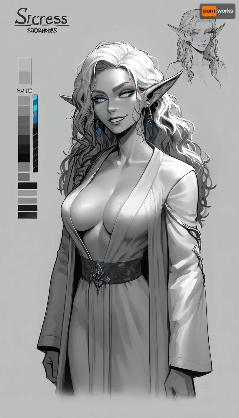 masterpiece, best quality, highly detailed, score_9, score_8_up, score_7_up, 1girl, (incase, incase style:.8), (mischievous esthetic, slender, elegant:1.2), (elf, elven princess, sorceress:1.2), (soft playful grin, seductive pose), (large expressive eyes, arcane robes), (large breasts, open robe), (character design sheet, concept art:1.2), <lora:princess_xl_v2:.8>