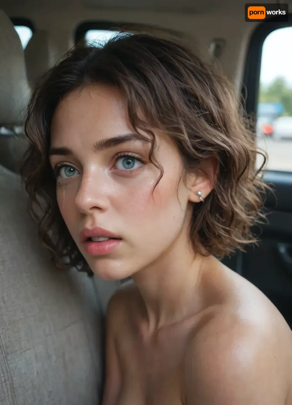 1girl, in the back of a van, naked, curled up, tied, scared, abused, crying