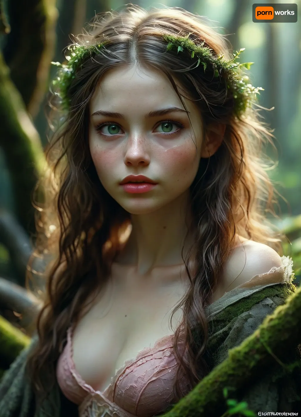 Beautiful Slavic woman, symmetrical face, high cheekbones, pale skin with light freckles, full natural pink lips, large almond-shaped green eyes, long dark chestnut hair with soft waves, seated on an ancient throne made of moss-covered tree roots in a misty forest. She looks directly at the viewer with a subtle playful smirk — mysterious, alluring, slightly unsettling. Sharp facial details, hyperrealistic skin texture, cinematic lighting, shallow depth of field, 85mm portrait lens, deformed face, extra limbs, cartoon, anime, illustration, ral-elctryzt, bioluminescent, glowing, <lora:MJ52:.8>, <lora:ral-elctryzt-sdxl:1.4>, <lora:277457_training_data:.8>