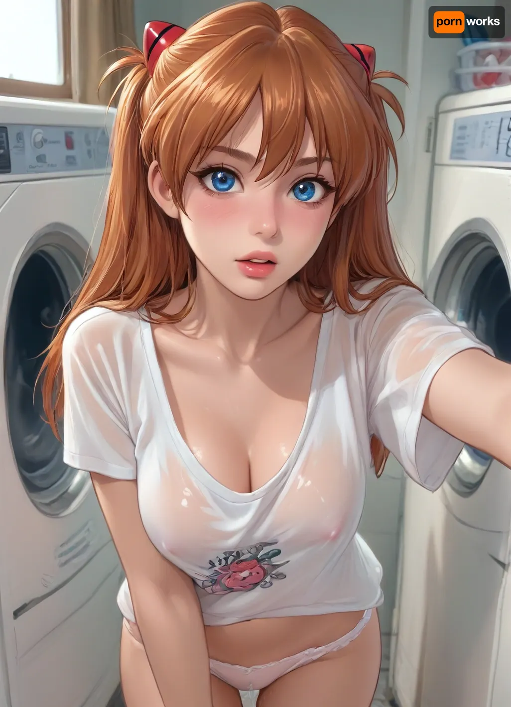 (reiq style), Asuka langley from evangelion, blonde hair, beautiful face, detailed, blushing, massive pearshaped natural breasts, one arm crossed attempting to hide breasts, raised eyebrows, pale skin, detailed eyes, surprised embarrased expression, looking up at viewer, mouth wide open, tight and tall hourglass figure, full face blush, voluptuous, hanging cleavage, oiled skin, seductive, very wet white oversized completely see through deep t shirt, white panties, wet body, wet hair, highly detailed, superhigh resolution, in the laundry machine room, ultra real laundry machine, standing angled, pussy juices, top down angle, dark light, Melkor Mancin artstyle, score_9, score_8_up, score_7_up, <lora:cartoon_stickers_xl_v1:.8>, <lora:ratatatat74-000050:1.3>