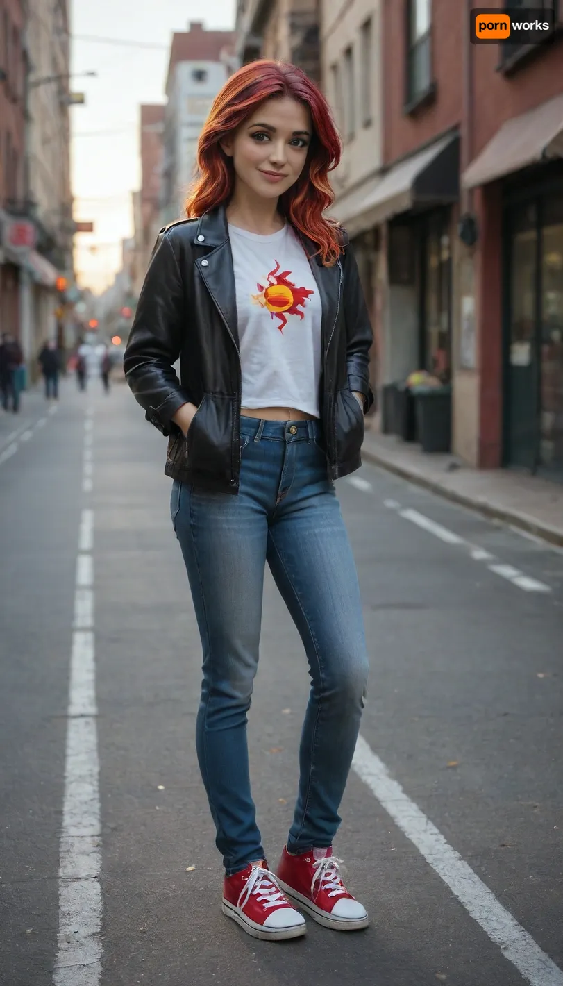 realistic portrait, Sunset Shimmer from My Little Pony, Equestria Girls, long red hair with fiery highlights, green eyes, a slight smile, warm skin, detailed facial features, natural makeup, dark brown leather jacket, white T-shirt, jeans, sneakers, urban background, (street with cafes and storefronts), soft daytime lighting, photorealism, high detail, 8K, depth of field, realistic skin and fabric textures.