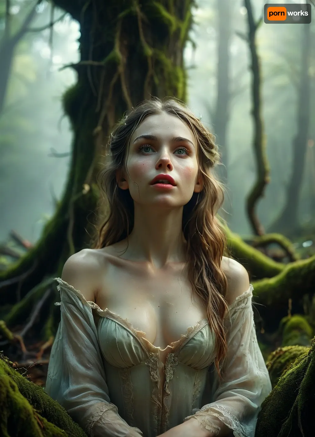 Beautiful Slavic woman, symmetrical face, high cheekbones, pale skin with light freckles, full natural pink lips, the girl lifts up the hem and shows the audience a wet pussy swollen with excitement, the vagina oozes sweetly . large almond-shaped green eyes, long dark chestnut hair with soft waves, seated on an ancient throne made of moss-covered tree roots in a misty forest. She looks directly at the viewer with a subtle playful smirk — mysterious, alluring, slightly unsettling. Sharp facial details, hyperrealistic skin texture, cinematic lighting, shallow depth of field, 85mm portrait lens, deformed face, extra limbs, cartoon, anime, illustration, ral-elctryzt, bioluminescent, glowing, <lora:MJ52:.8>, <lora:ral-elctryzt-sdxl:1.4>, <lora:277457_training_data:.8>