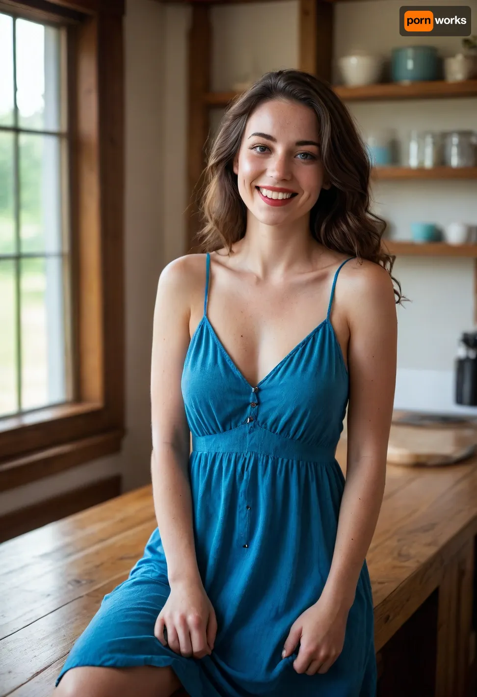 A carefree woman with light freckles and hazel eyes, her long dark brunette hair with red highlights cascading over her shoulders, wears a loose bright blue sundress, one breast exposed, leaning on a rustic wooden counter. She has a slightly open mouth with light red lipstick, a warm, happy smile. The scene is bathed in soft, warm golden hour light, with a subtle film grain and a slight vignette. The lighting is a mix of natural sunlight filtering through a nearby window and a warm, soft overhead lamp, creating a cozy, inviting atmosphere. aidmaRealisticPeoplePhotograph