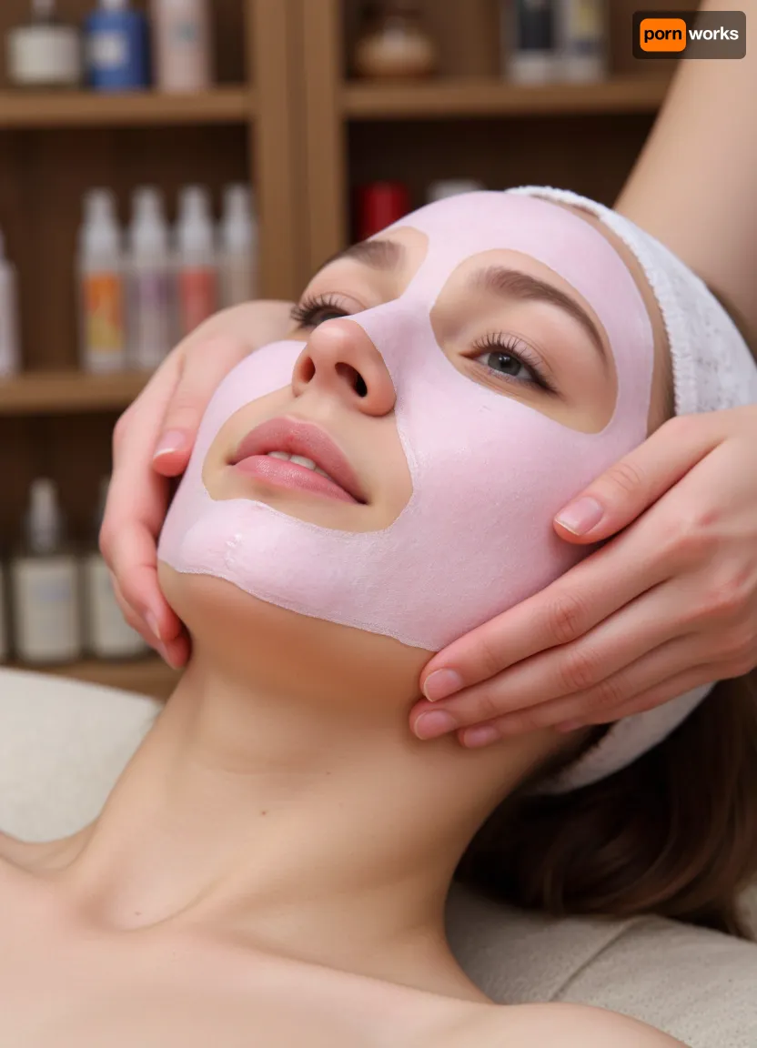 (Highly detailed photo), (close-up), a young woman is lying down, enjoying, (a pink, glossy face mask), on, (light skin), (calm, relaxed facial expression), (white bandage on her head), . Delicate, (female hands hold her face), gently, (massaging her chin and cheeks), . The background is blurred, shelves with cosmetics are visible. Soft, diffused lighting, natural tones, warm atmosphere, (spa salon), ., (Expressive eyes), (delicate lips)