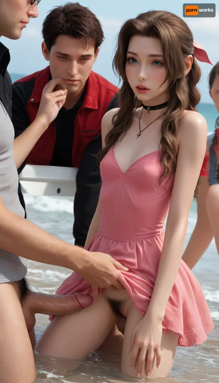 (Masterpice), (HD4K visual), (detailed background), 4K ultra-detailed image, HDR, enhancement, professional photography, precise anatomy, (perfect symmetry, 5 fingers per hand), realistic textures, maximum resolution, sharp focus, NSFW, picture, Aerith Gainsborough from Final Fantasy VII wearing a, ((long pink dress)), ahegao expression, athletic body, black and a short red jacket, hairy pussy, small breasts, perky pointed gumdrop nipples, wet clothes, bent over on hands and knees, back arched, washed up on shore, wide shot, side view, on a beach, waves in backgrownd, sunny, day time, sun beaming down, incase, style, ratatatat74, defaerith, braided, ponytail, hair, bow, pink, choker, necklace, cropped, jacket, red, short, sleeves, dress, long, altaerith, very, ribbons, drill, star, ballgown, bare, shoulders, strapless, plunging, neckline, big buff men, many men standing around right, big brown cocks, doggystyle, double penetration, gangbang, pussy penetration, anal penetration, <lora:287175_training_data:1.4>, <lora:ratatatat74-000050:1.4>, <lora:aerith-xl-nvwls-v1:1.4>