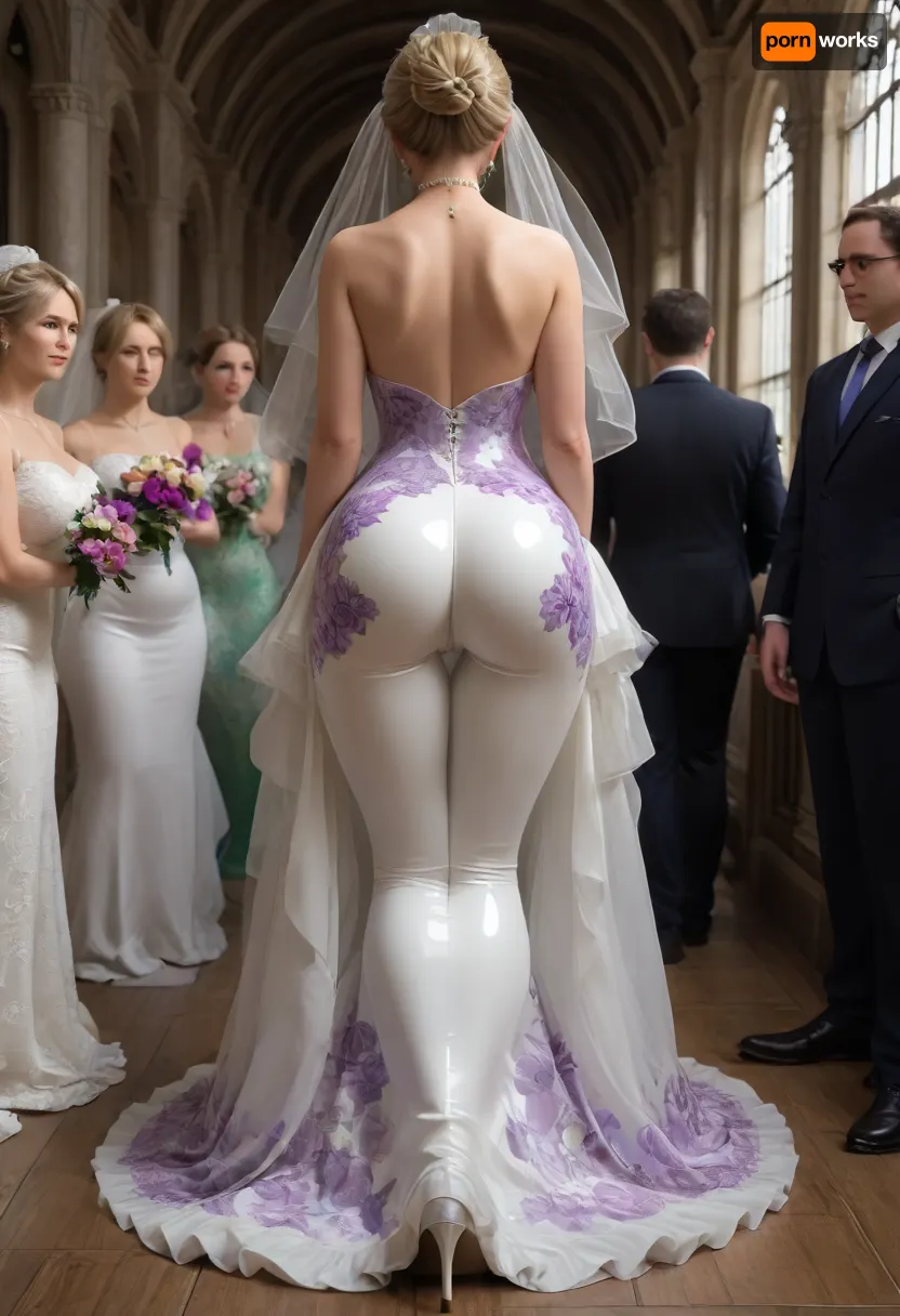 Skin tight white latex Hubble dress, bondage, ((hobble dress, wedding dress)), hobble, blonde ponytail, wedding venue, mature woman, 30 year old milf, wedding vail, holding an assortment of flowers, dress, huge ass, huge tits, snatched waist, high heels, super tight dress, knees touching together, strong calves, mermaid dress, rear view, (prominent gluteal fold), purple floral print, bottomheavy, big, ass, huge, gigantic, thick, thighs, massive, <lora:bottomheavy_v1_sdxl_tags:1.5>