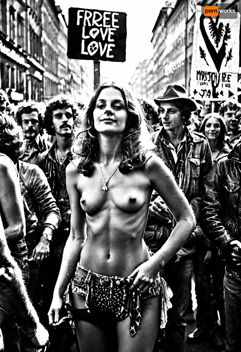A symbolic image representing the right decisions in life, Berlin 1970, happy demonstration on street, (Monochrome image:1.4), 22 years old woman, spontaneous, (standing sex:1), during the demonstration, many people, (demonstration signs for "free love":1.6), free mind, sexual revolution, (groupsex:1.2), (orgy:1.4), best quality, ultra-detailed, cinematic lighting, smoking weed, cannabis, Ultra-realistic porn art, highly detailed, cinematic moody lighting, tense but charismatic atmosphere, crowd, of, people, <lora:MJ52:.5>, <lora:RsmJemma1XL:.8>, <lora:add-detail-xl:.8>