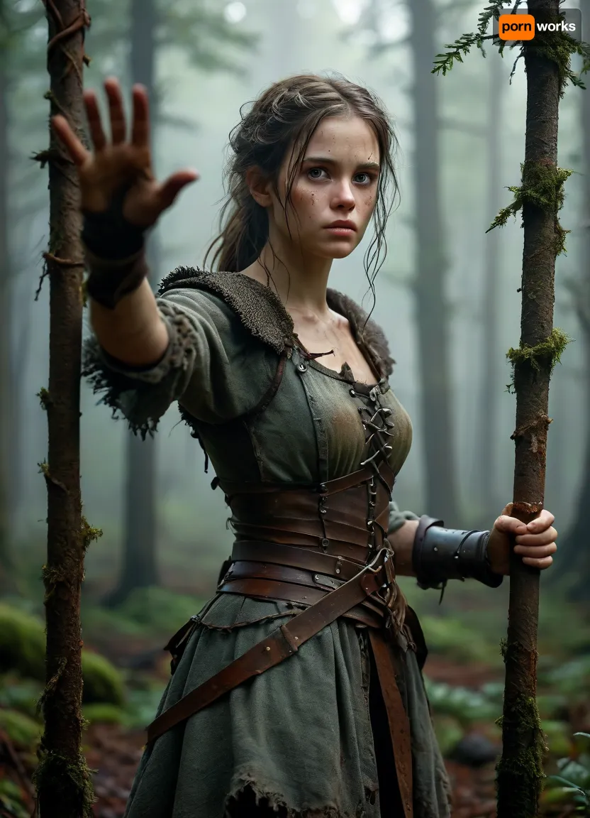 A girl in a tattered medieval tunic of coarse linen, with frayed edges and traces of dirt, stands in an iron cage that resembles an animal enclosure. Her hair is disheveled, her eyes are fearfully defiant, and her fingers are gripping the bars as if she's trying to defend herself. The cage is surrounded by a misty forest thicket, rusty spikes on the bars and shadows from the branches add to the sense of confinement. There are two hunters around, men in worn leather armor, daggers on their belts and crossbows on their backs. Their postures are aggressive — one is leaning toward the cage, grinning, his hand reaching for the lock, the other is half-turned, eyeing the captive with carnivorous interest. The hunters ' faces are a mixture of cruelty and lustful curiosity, narrowed eyes, stiff neck muscles, greasy grins. **Details to draw, **, **Textures, ** focus on the frayed fabric of the tunic, the gleam of the metal of the cage, the roughness of the tree bark in the background., **Lighting, ** the dim moonlight filtering through the fog creates sharp shadows on the hunters ' faces and glare on their weapons., **Emotions, ** fear and resistance in the girl's eyes, contrasting with the predatory passion of men., **Environment details, ** moss on the ground, broken branches underfoot, cobwebs in the corners of the cage. — * * Colors, ** a muted palette, (gray-green tones of the forest, dark brown leather of armor), with an emphasis on the pallor of the girl's skin and bloody reflections on metal. — * * Composition, ** a bottom view that highlights the threatening position of the hunters, a light haze for an atmosphere of alarm. **Technical instructions, ** Use ultra-detailed rendering for the characters ' faces and hands, 8K texture resolution for rendering small elements, (such as scratches on bars), and dynamic lighting with soft shadows. Add a motion blur to the background to focus your attention on the cell. * Restriction, The description does not contain explicit scenes of violence, but implies a tense atmosphere.*, fantasy, scaled, humanoid, <lora:add-detail-xl:.5>, <lora:MJ52:1>