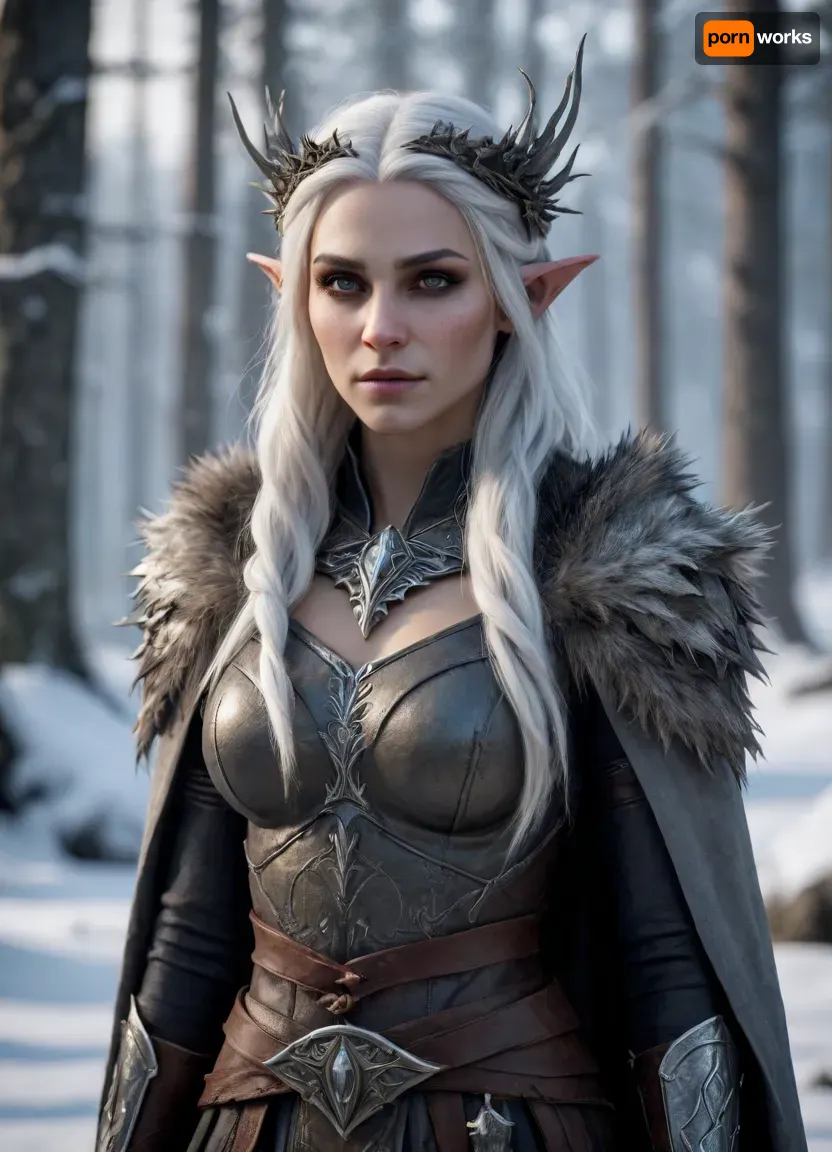 A cinematic portrait of a Dunmer, (dark elf), woman standing in the frozen wilderness of Skyrim. Her skin is ash-gray, eyes completely black and glowing faintly with inner fire. Long ashen-white hair flows in the cold northern wind, adorned with a wreath of thistle and frost-touched leaves. She wears light leather armor with fur details and ancient elven engravings, both practical and elegant. Two curved daggers hang from her belt — one on each side — their blades reflecting the pale light of a distant aurora. Snow drifts around her as she stands among jagged rocks and skeletal trees, her expression calm but deadly. The camera slowly circles her, highlighting her otherworldly beauty and silent strength. Cold cinematic lighting, high realism, Nordic fantasy atmosphere, inspired by The Elder Scrolls, Skyrim, 4K epic detail, wind-blown hair and drifting snow particles.