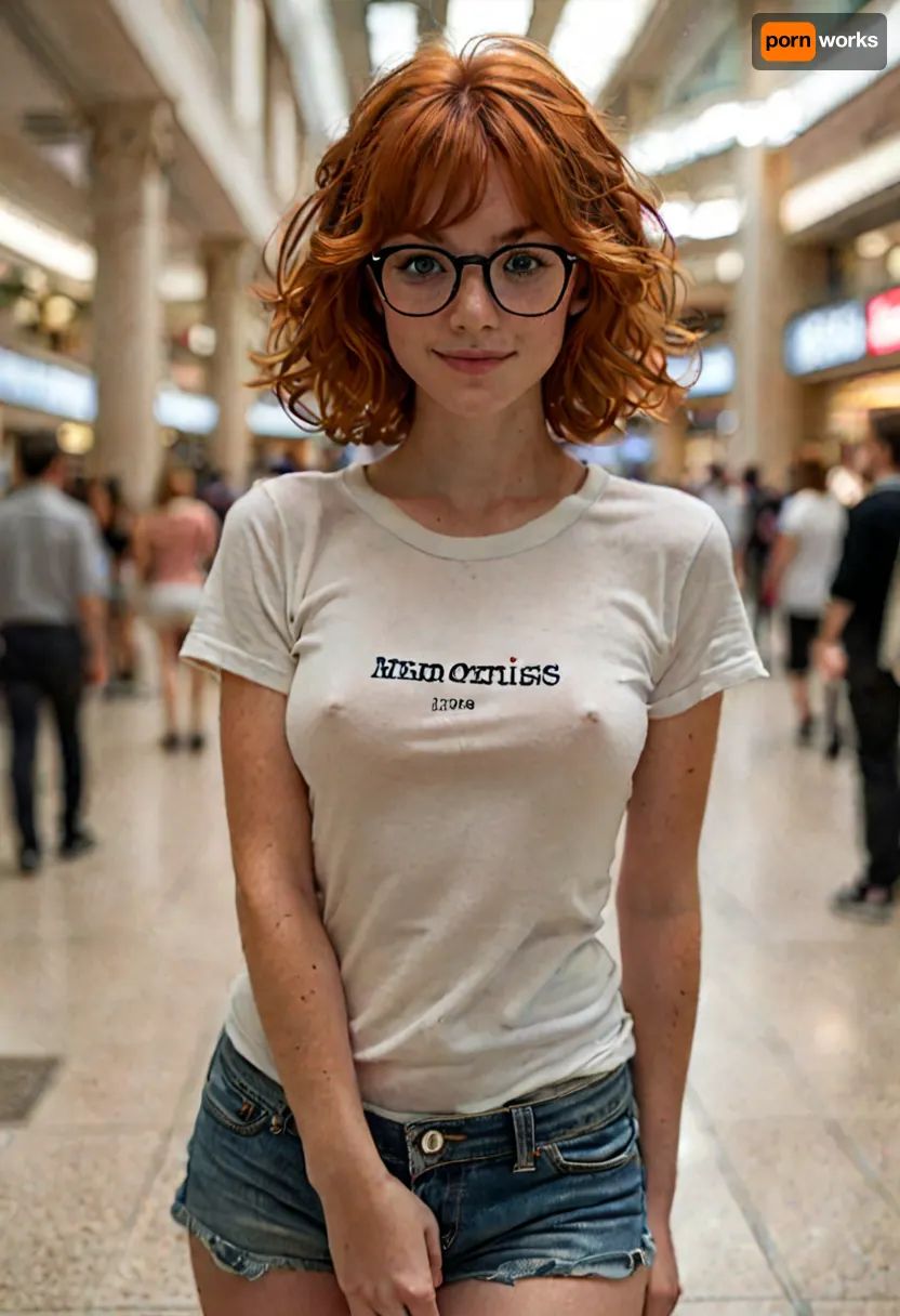Photorealistic. Detailed. Cute busty red-haired geek in a snug blue t-shirt and Daisy Dukes at the mall, 20 years old, view from thighs up, medium breasts, short messy very curly orange hair in ringlets, bangs, heavy horn-rimmed glasses, tanned skin with lots of freckles, shy smile, awkward pixie-ish face, mall background, Soft Lighting, Natural realistic Skin Texture, Rule of Thirds Composition, Shallow Focus, but, clothes, braless, Wearing, that, make, sense, with, Braless>, <lora:add-detail-xl:2>, <lora:BUT_SDXL_SHS:.3>, <lora:style_lora_realis:2>, <lora:bralessSDXL_v1_00022:.5>