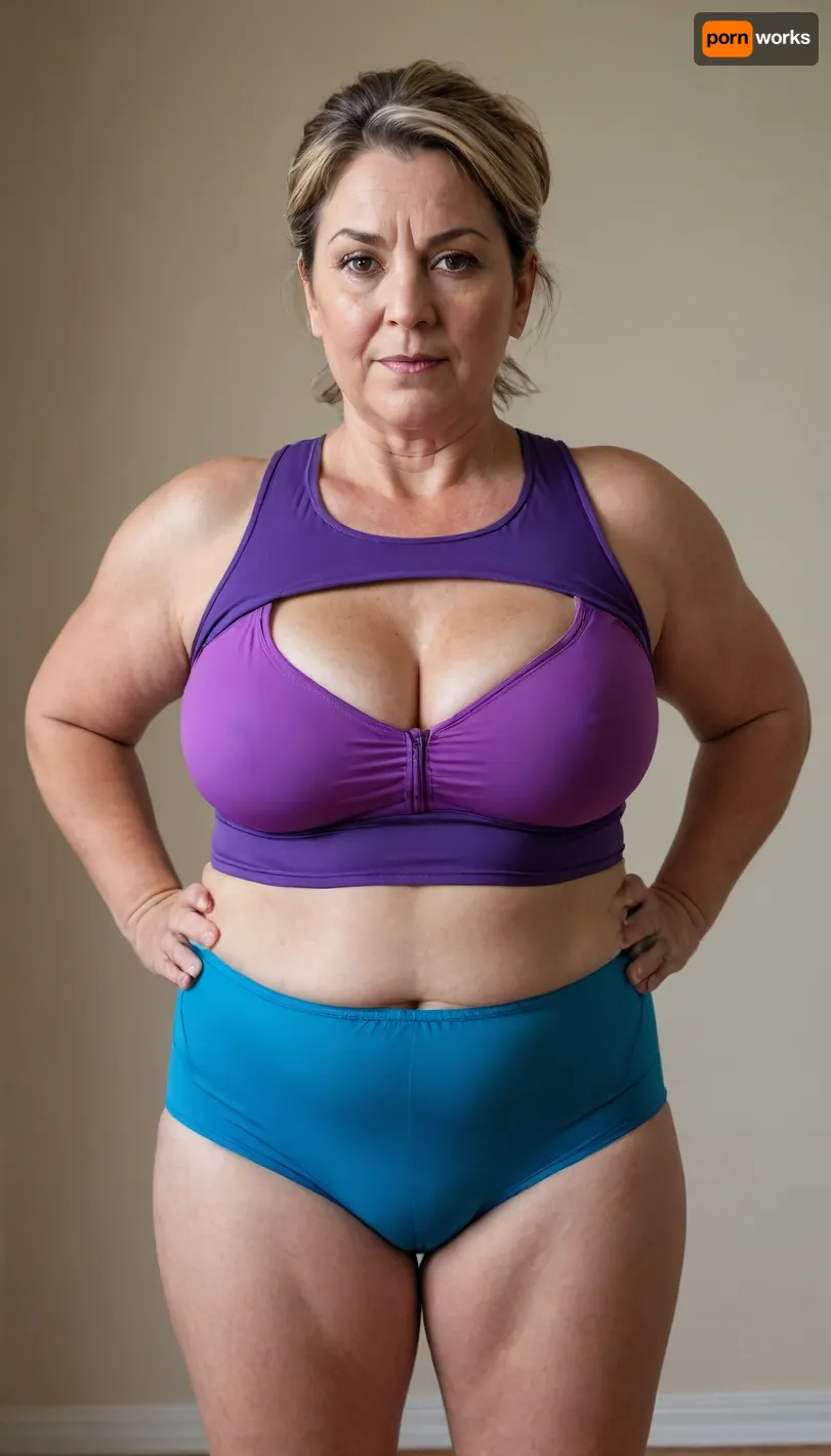 a chubby 50yo mature woman with stretch marks in a high-waisted sport outfit, looking at the camera, full waist, full figured, saggy, sagging, bulging pubic mound, pelvis, pubic mound