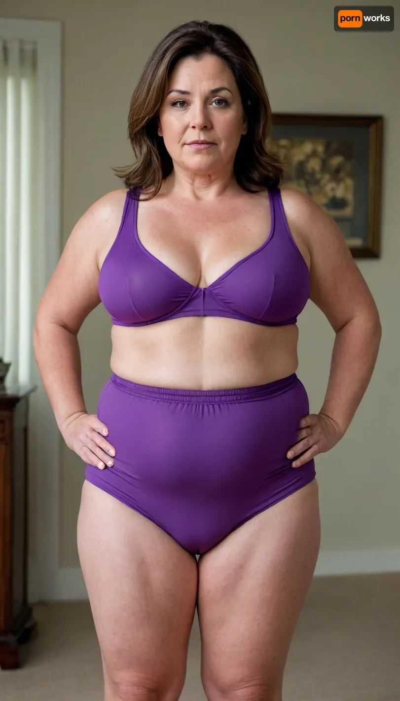 a chubby beautiful 50yo mature woman with stretch marks in a purple high-waisted sport outfit, looking at the camera, full waist, full figured, saggy, sagging, chest", bulging pubic mound, fuller pelvis, pubic mound, wide, huge, hips