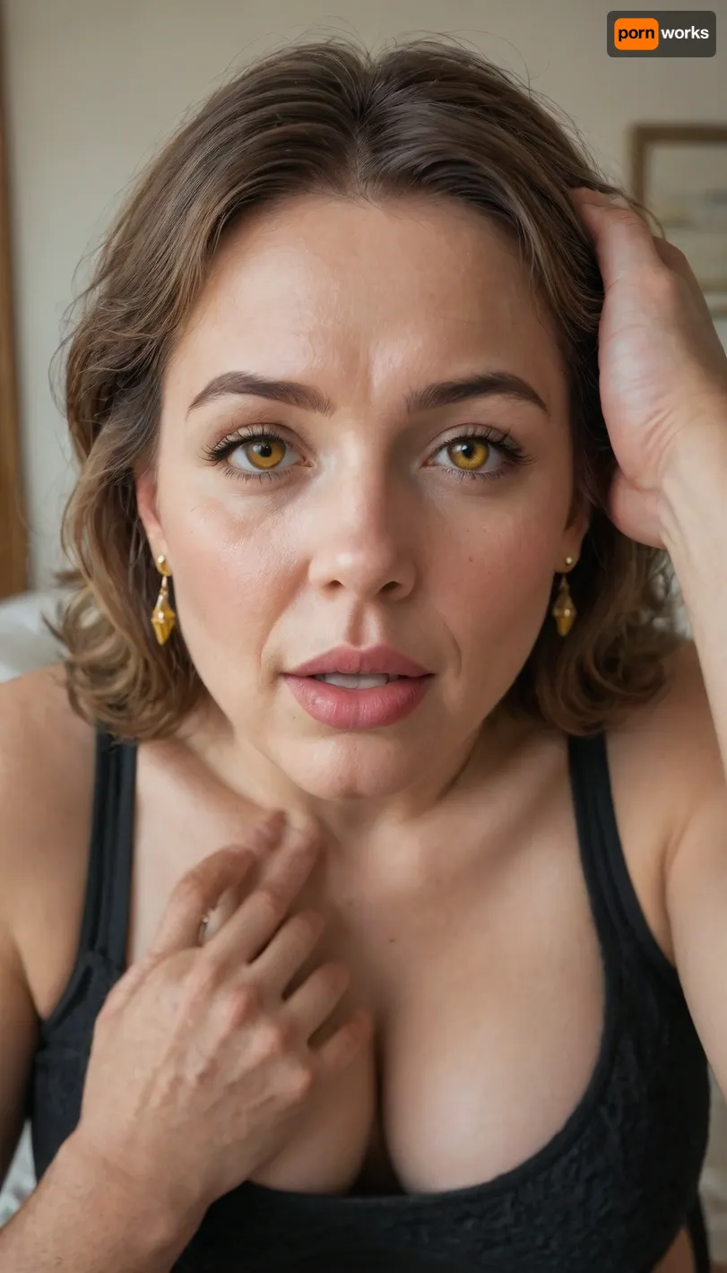 Lubica stepaunt, (mature:1.5), POV, (open mouth), chubby Obese milf, 55 years old married housewife wearing a black outfit, ((man grapping her head)), looking at viewer, (captivating amber eyes:1.3), cozy bedroom, amber
