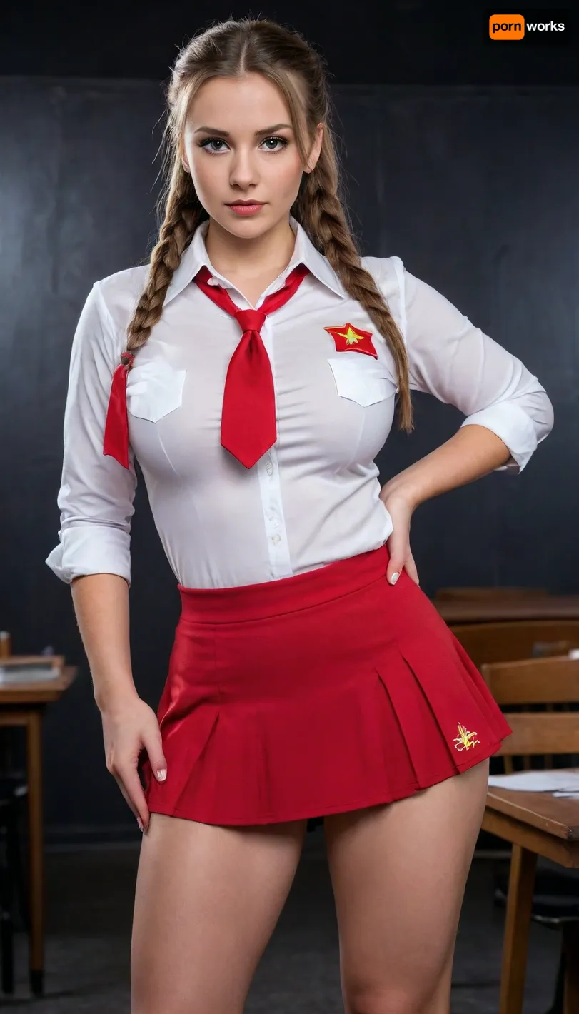 Оn a radically black background, A Soviet school slut student with a perfect body, stern expression, sexual provocation, dominant hidden slut, (gigantic tits:1.1), decollete, wide hips, long slender legs, ponytail hairstyle, Soviet school uniform, school skirt, short skirt, red badge on the chest, large, breasts, big, boobs, huge, tits, <lora:bombshell_v2:1.1>, <lora:add-detail-xl:.8>