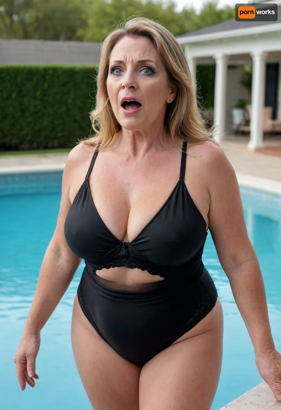(mature:1.5), (open mouth), cumshot, chubby Obese milf, 45 years old married housewife wearing a black outfit, ((grapping her body)), looking at viewer, (captivating grey eyes:1.3), poolside